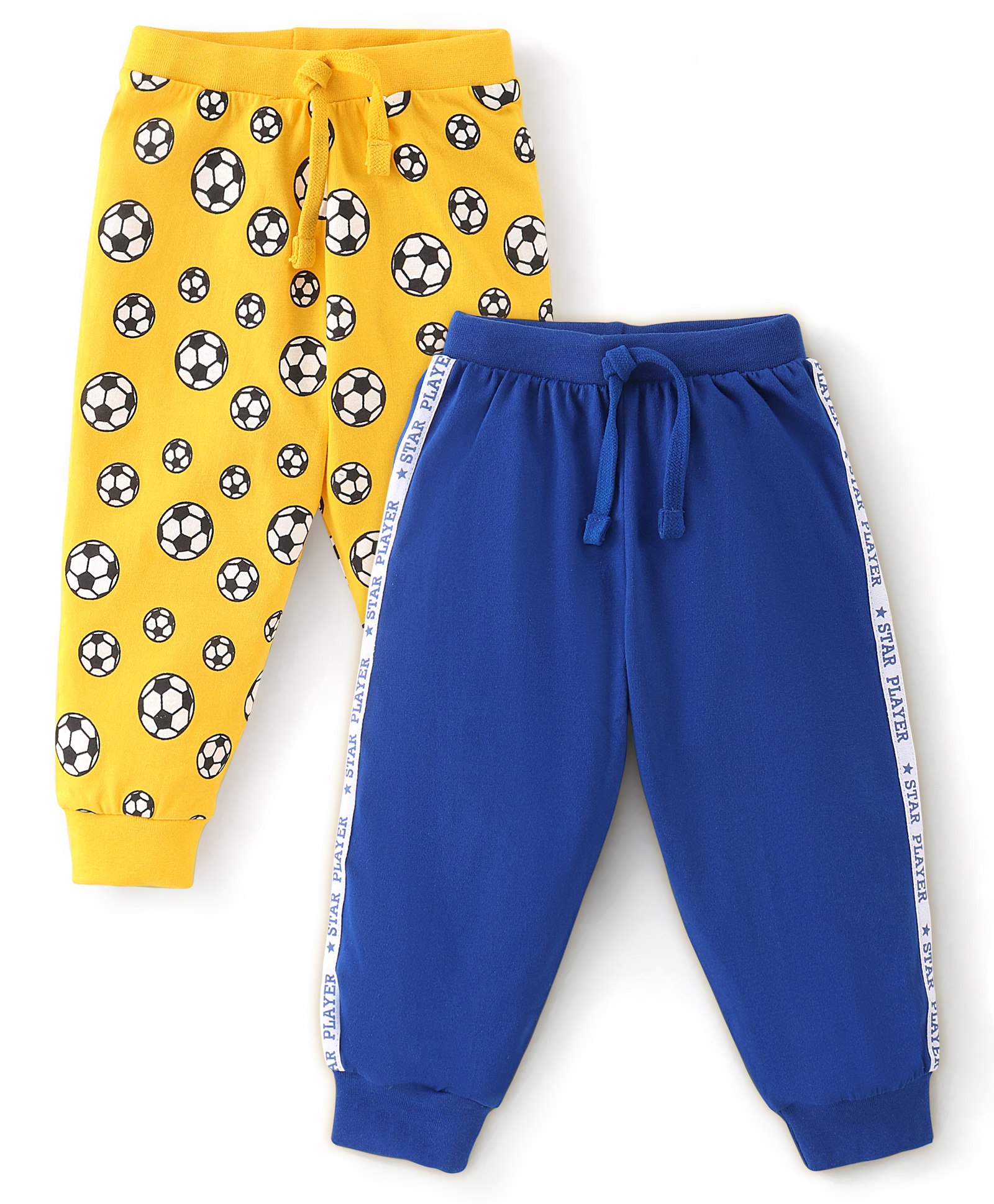 Babyhug Cotton Knit Full Length Lounge Pant Soccer Ball Print Pack of 2 - Yellow & Blue-image-31