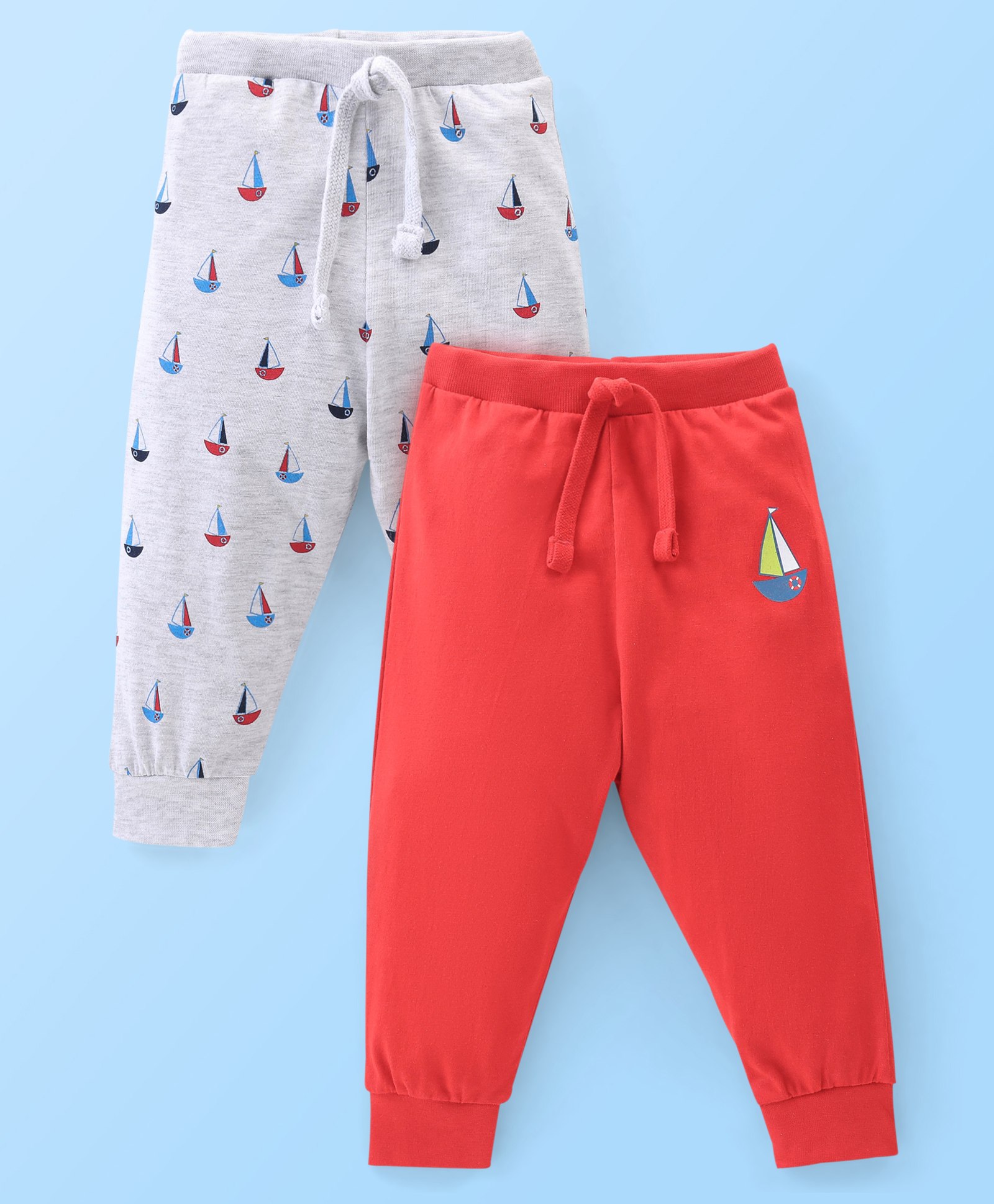Babyhug Cotton Full Length Lounge Pants Boat Print Pack of 2- Red & White-image-27
