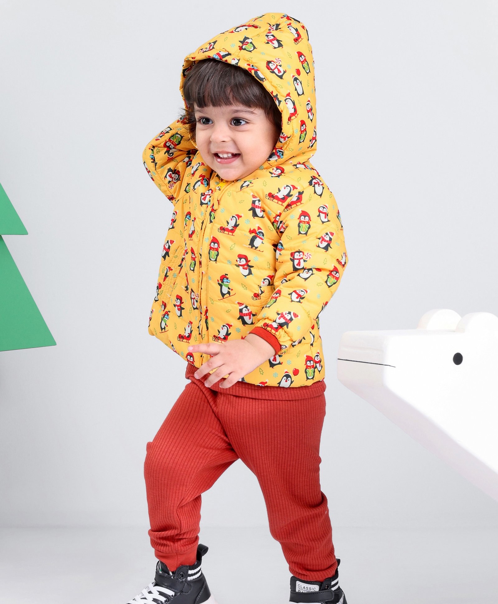 Babyhug Full Sleeves Hooded & Padded Jacket Penguin Print- Yellow-image-23
