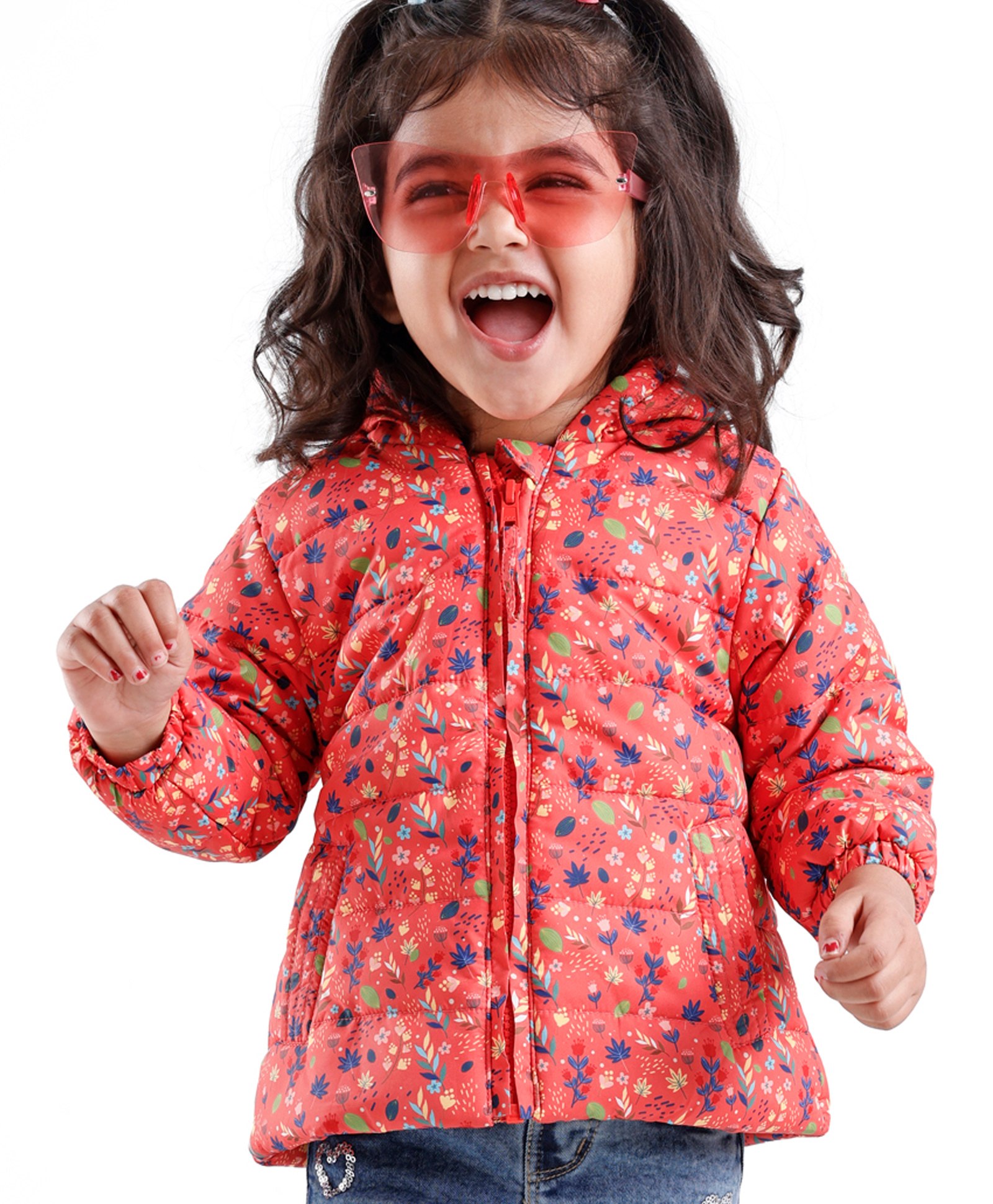 Babyhug Full Sleeves Hooded & Padded Jacket Floral Print- Coral-image-35