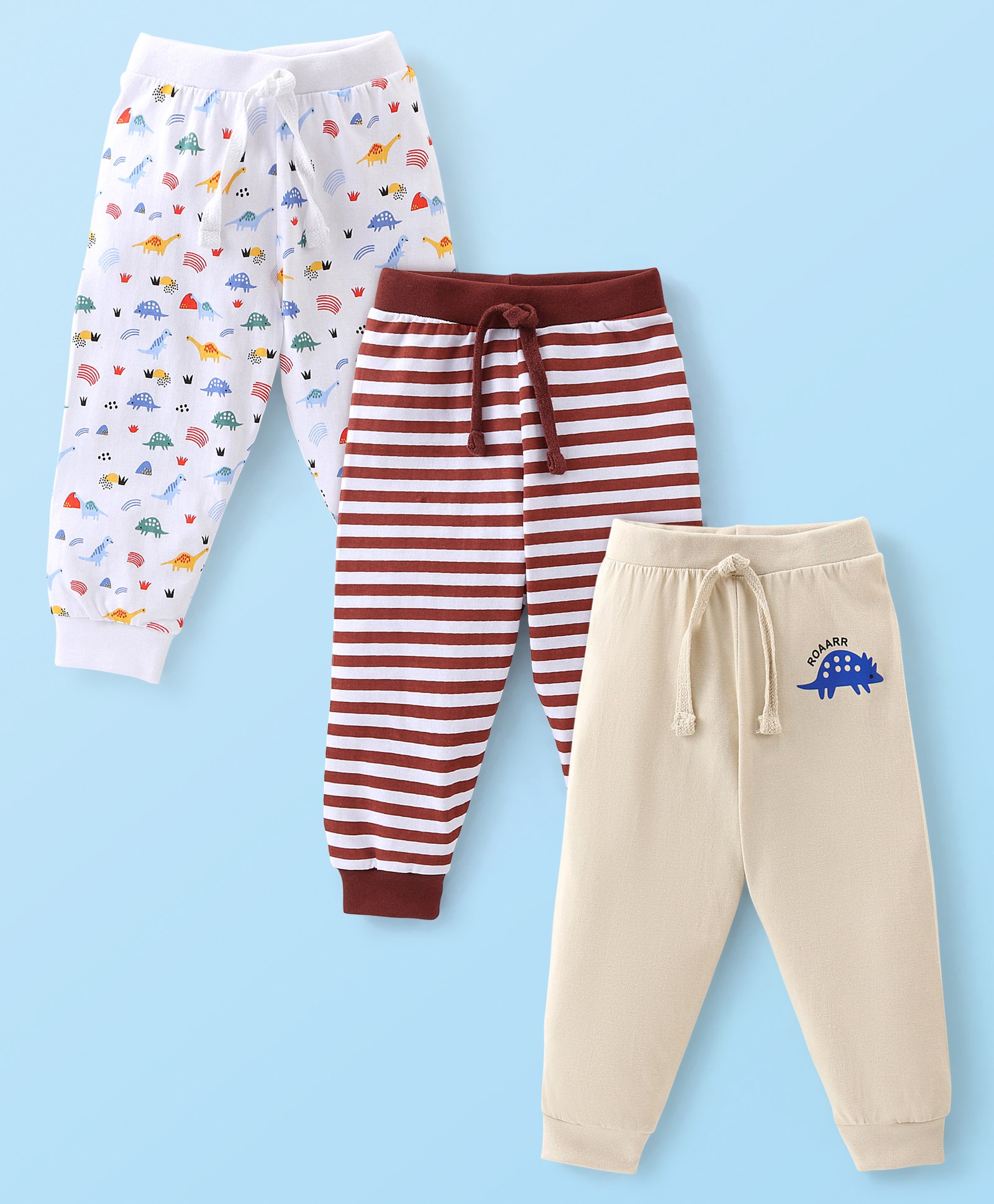 Babyhug Cotton Knit Full Length Lounge Pant Striped & Dino Print Pack of 3 - Beige Red & White-picture-17