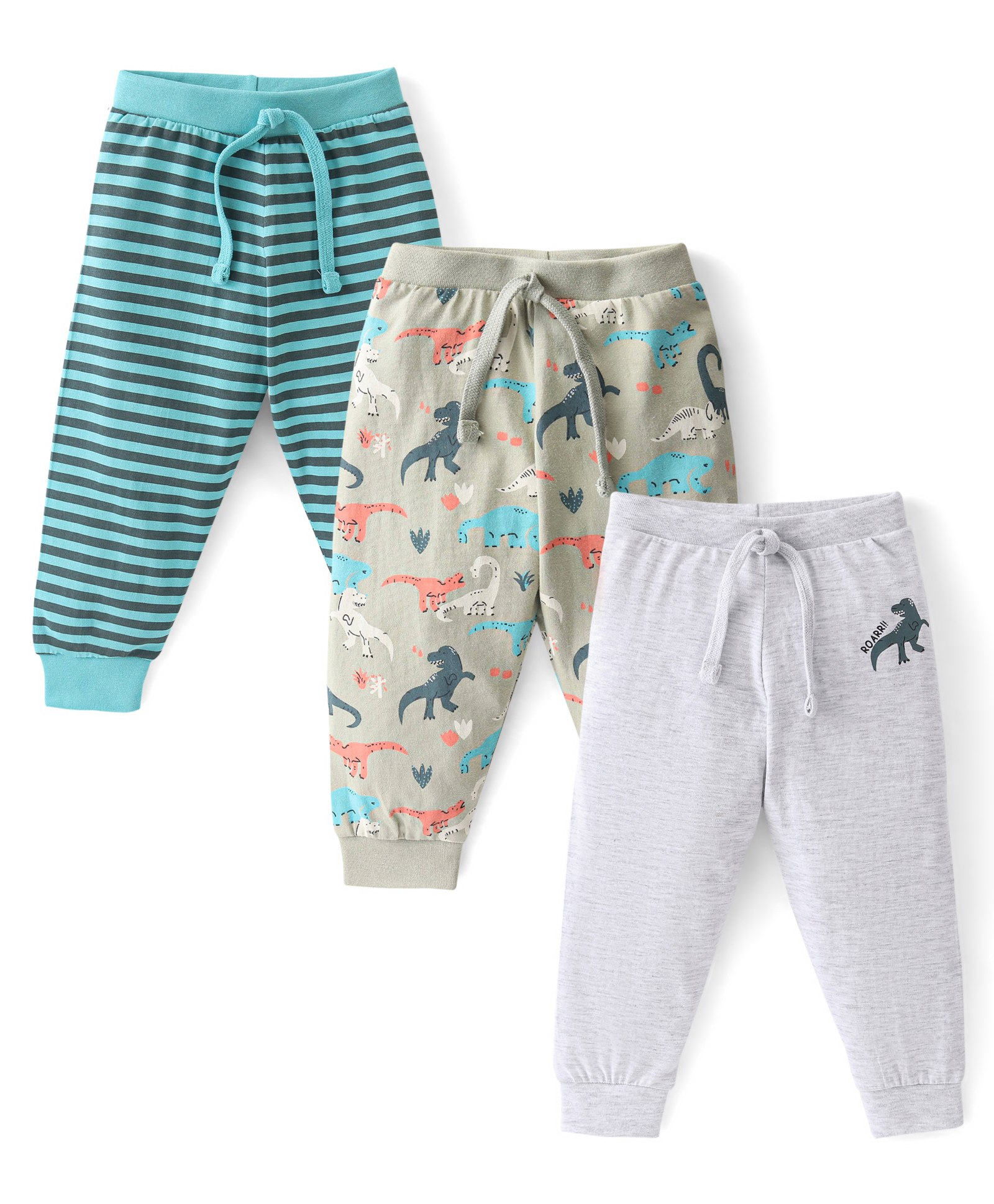 Babyhug Cotton Knit Full Length Lounge Pants Stripes & Dino Print Pack of 3 - Green Beige & White-picture-30