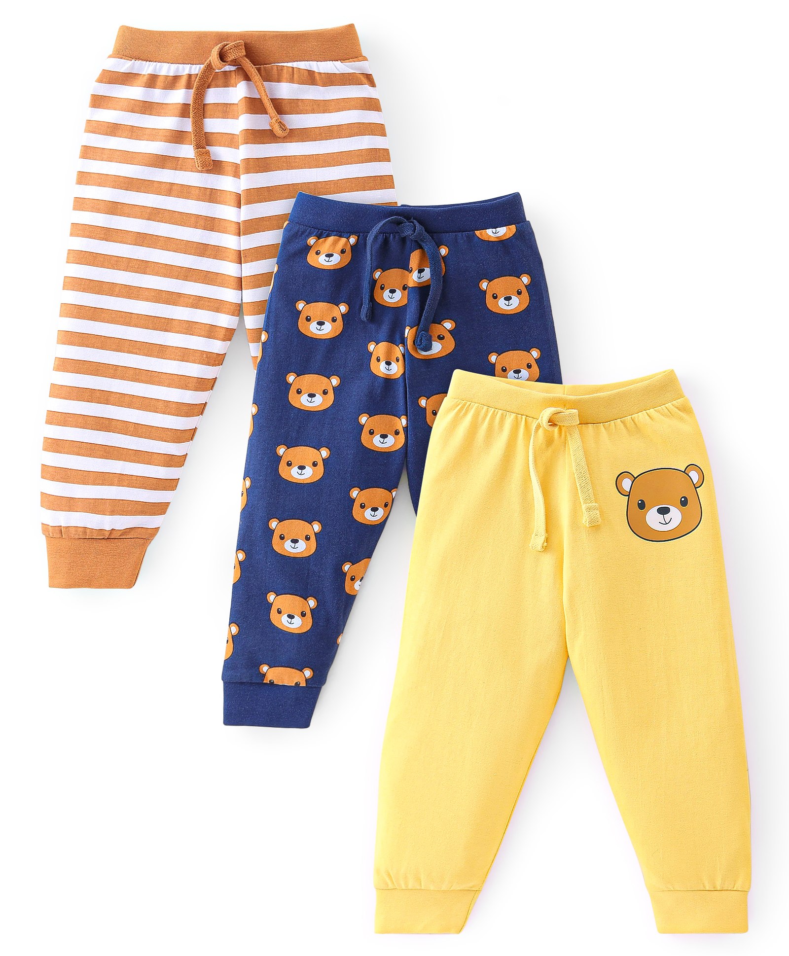 Babyhug Cotton Knit Full Length Lounge Pants Stripes & Teddy Print Pack of 3 - Brown Blue & Yellow-picture-23
