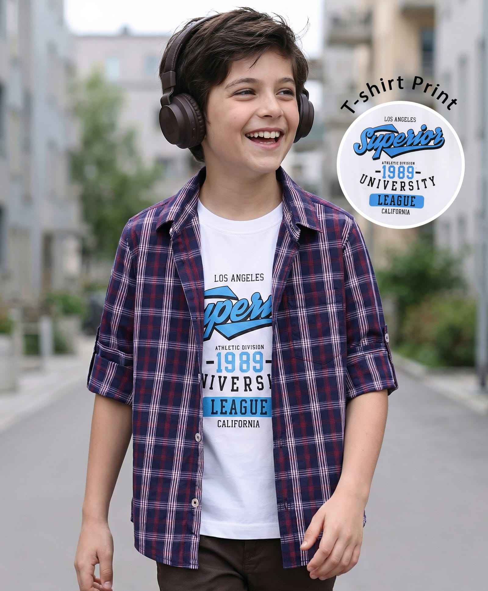 Pine Kids 100% Cotton Roll Up Full Sleeves Checkered Shirt with Inner Tee - Blue-image-17