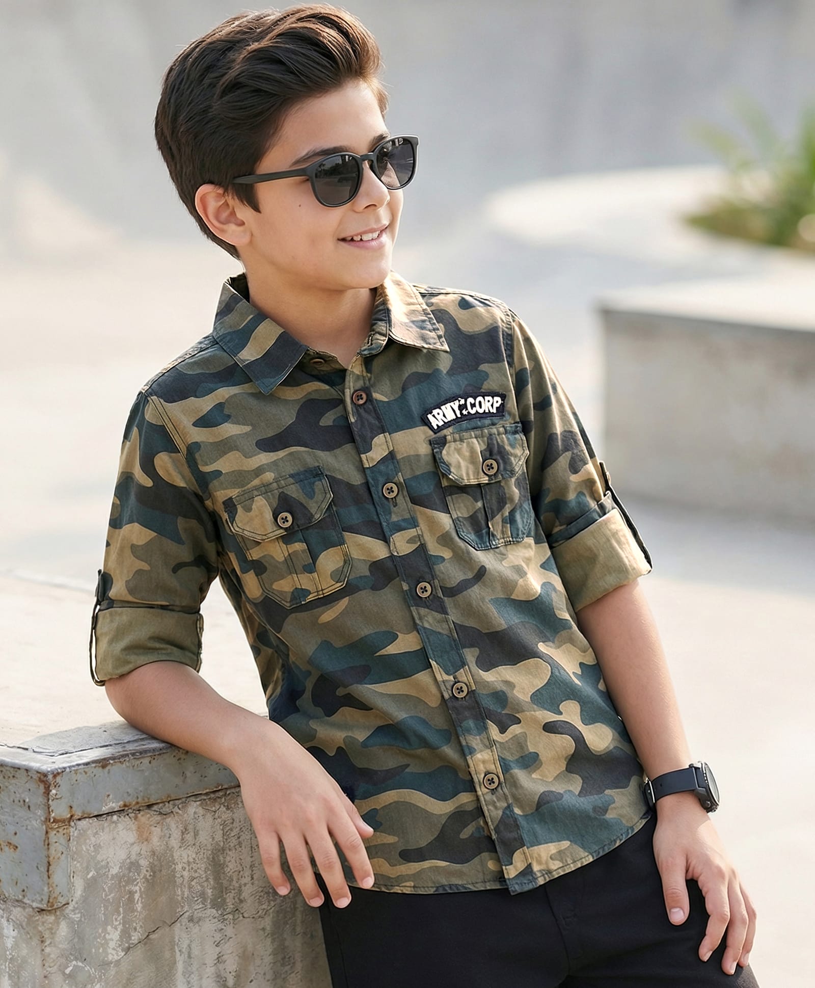 Pine Kids Roll Up Full Sleeves Camo Printed Shirt - Green-image-36