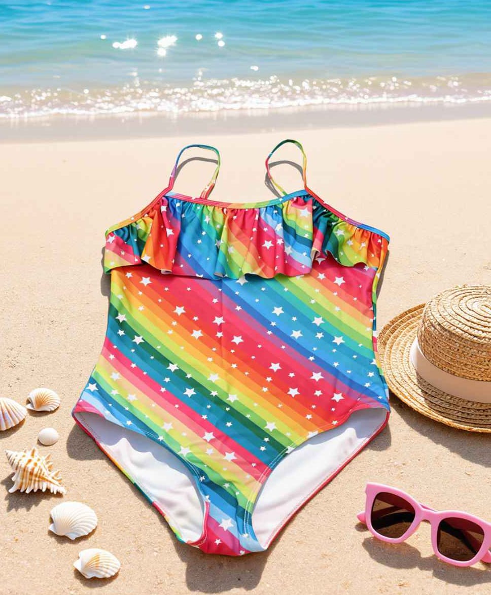 Yellow Bee Rainbow Sleeveless One Piece Swimsuit with Ruffle Neckline - Multi Colour-image-23