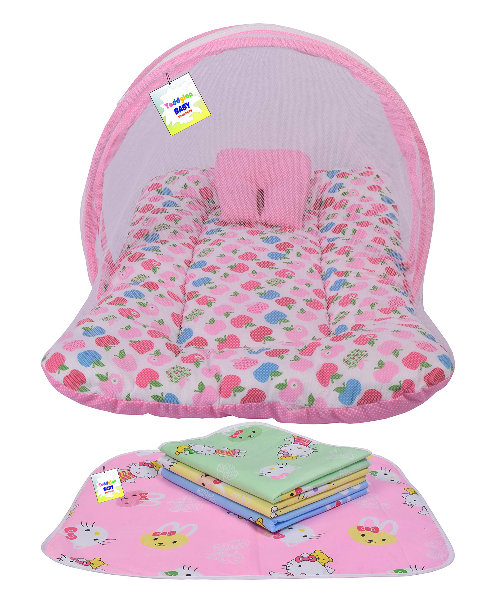 Toddylon New Born Baby Bedding Combo Set Mattress with Mosquito Net and Nappy Changing Mat Sheets - Pink-picture-32