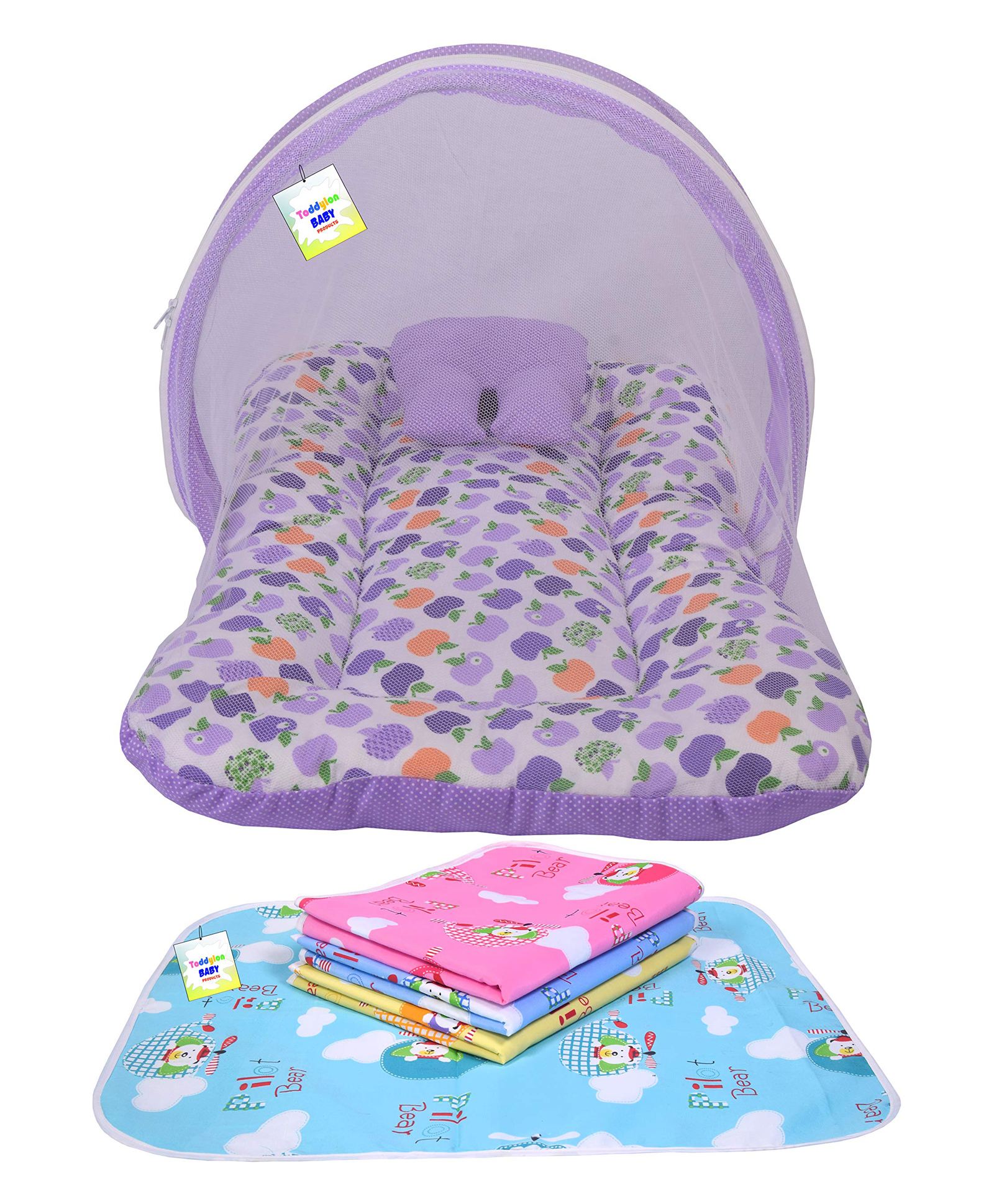 Toddylon New Born Baby Bedding Combo Set Mattress with Mosquito Net and Nappy Changing Mat Sheets - Purple-picture-31