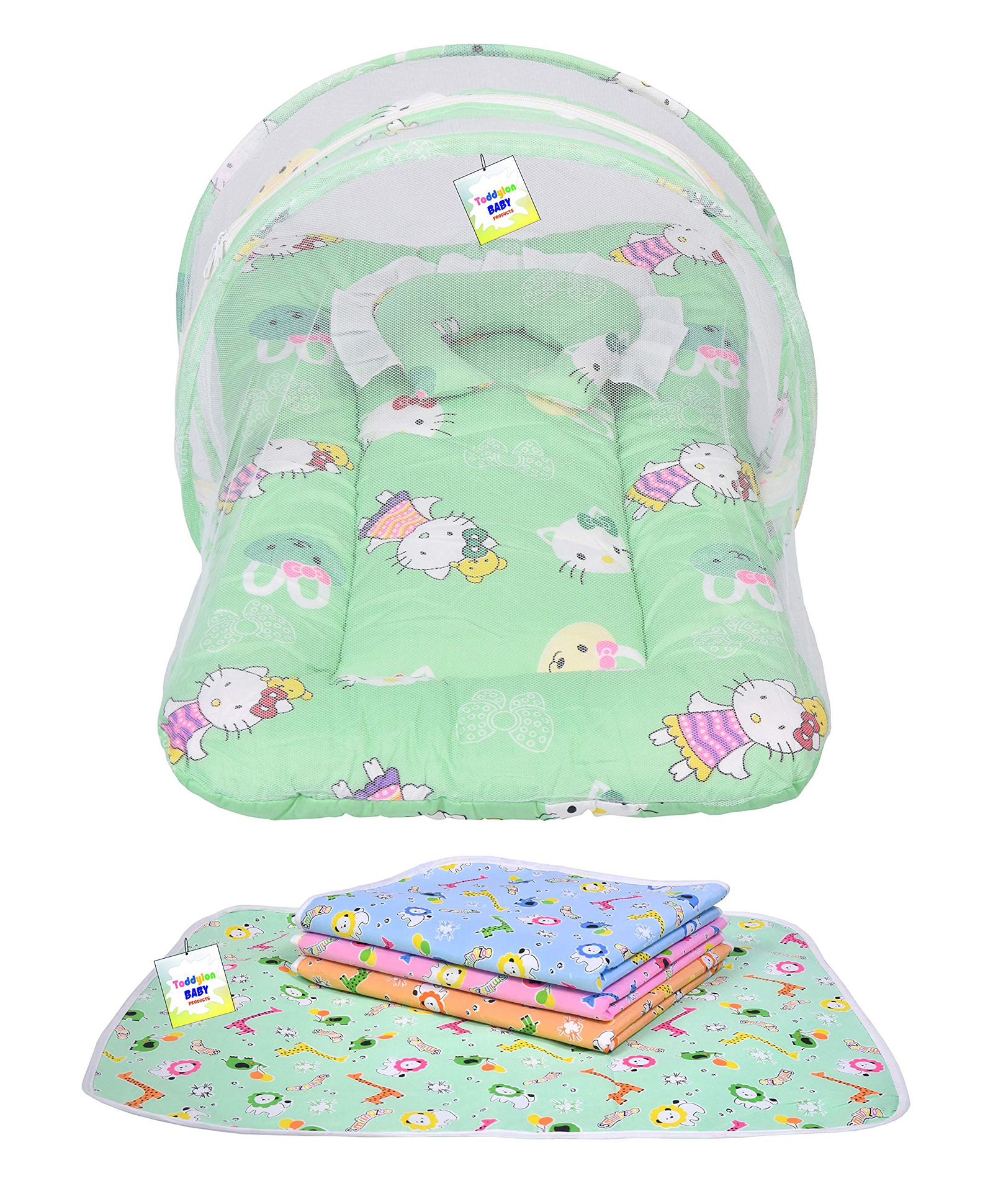Toddylon Baby Bedding Combo Mattress with Mosquito Net & Nappy Changing Mats - Green-image-37