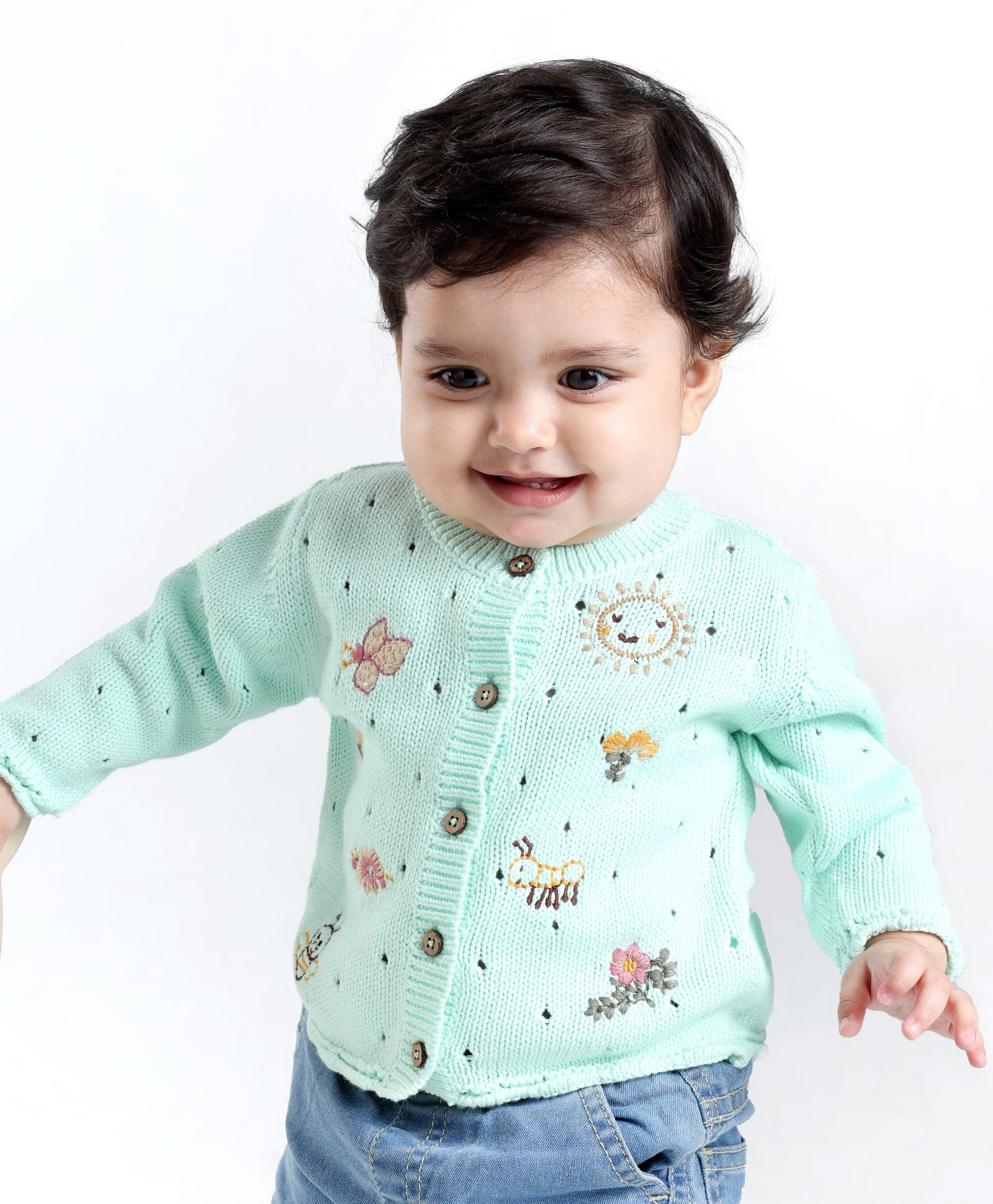Babyoye Eco-Conscious 100% Cotton Full Sleeves Front Open Sweater Floral Design - Light  Blue-image-45