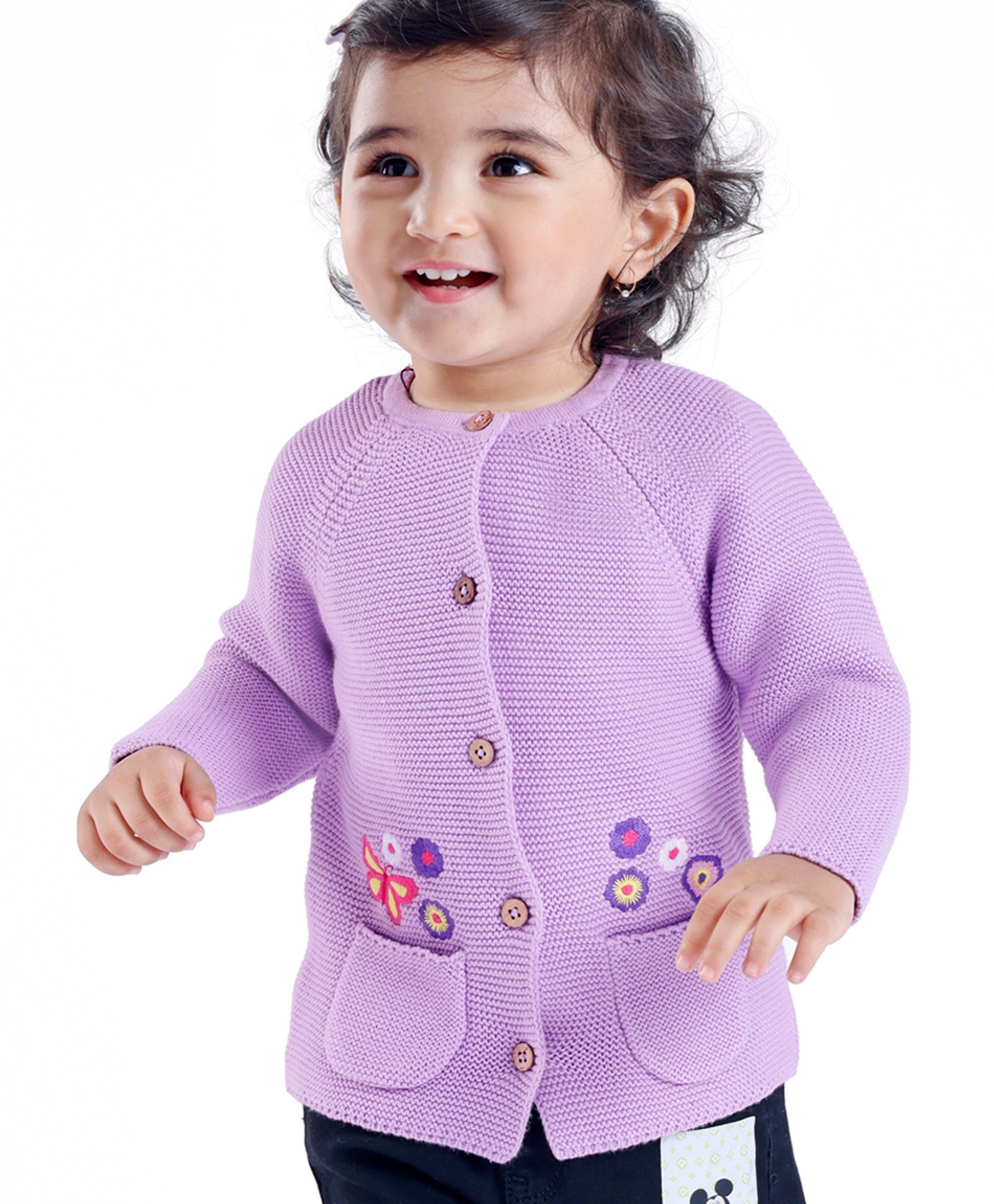 Babyoye Eco-Conscious 100% Cotton Knit Full Sleeves Floral Design Front Open Sweater - Lavender-picture-38