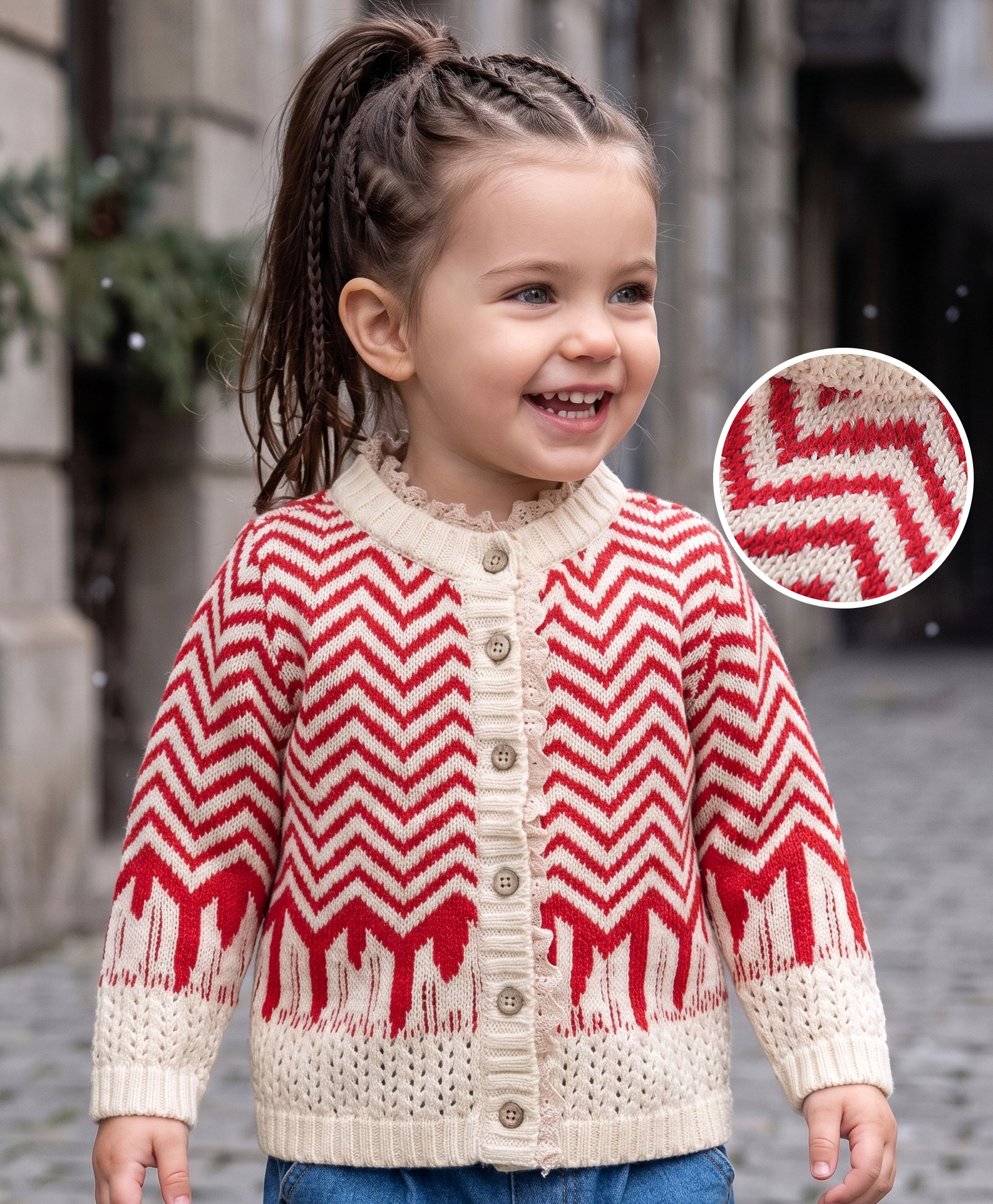 Babyoye Eco-Conscious Cotton Full Sleeves Front Open Sweater with Chevron Design - Pink-image-42
