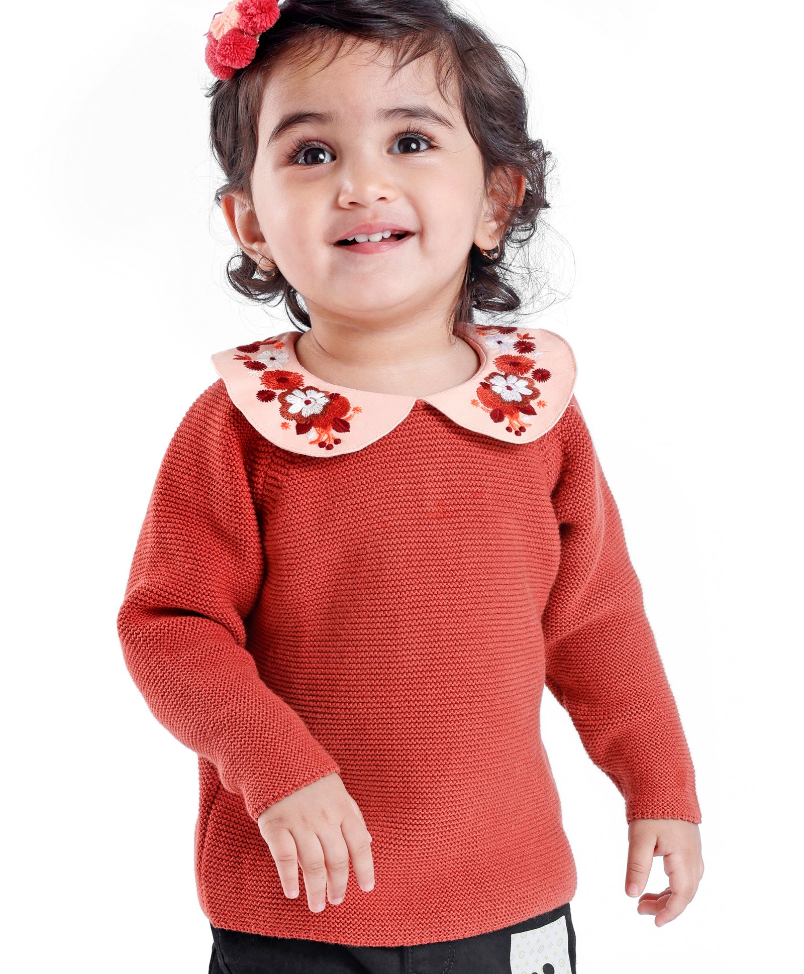 Babyoye Eco Conscious Cotton Full Sleeves Sweater With Floral Embroidery - Orange-image-25