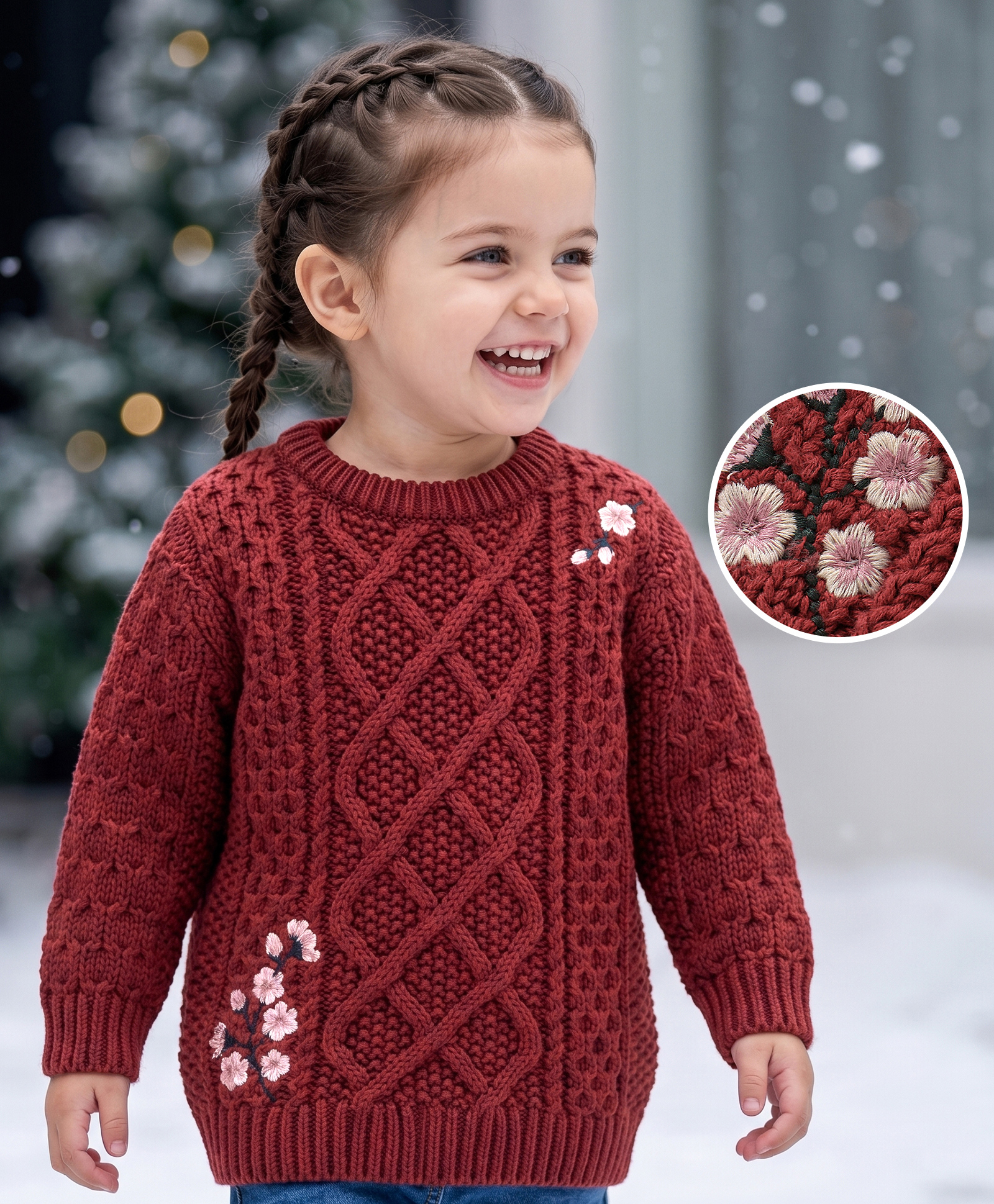 Babyoye Eco Conscious Cotton Full Sleeves Floral Embroidered Pullover - Red-image-16