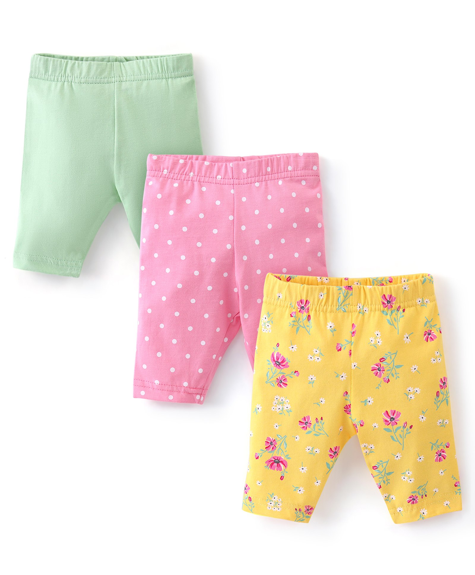 Babyhug Cotton Single Jersey Knit Capri Length Leggings Floral Print Pack of 3 - Green Pink & Yellow-picture-27