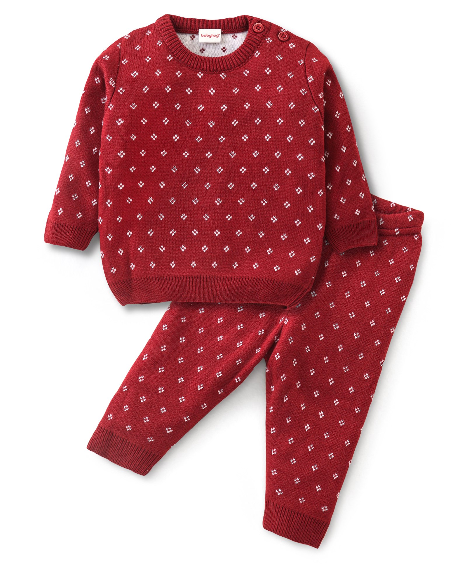 Babyhug 100% Acrylic Knit Full Sleeves Sweater Set Diamond Design - Red-image-18