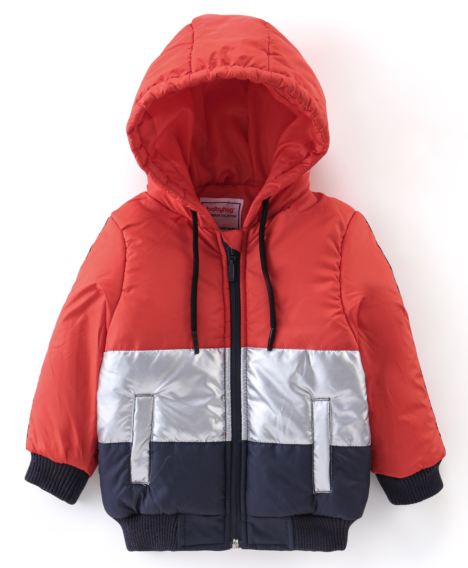 Babyhug Woven Full Sleeves Striped Hoodie - Red & Silver-image-21