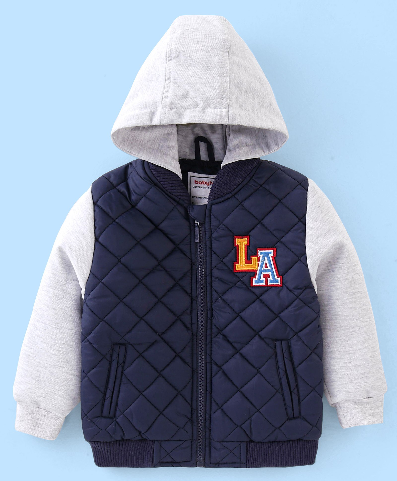 Babyhug Woven Full Sleeves Quilted Winter Jacket Text Embroidery - Navy Blue-picture-16
