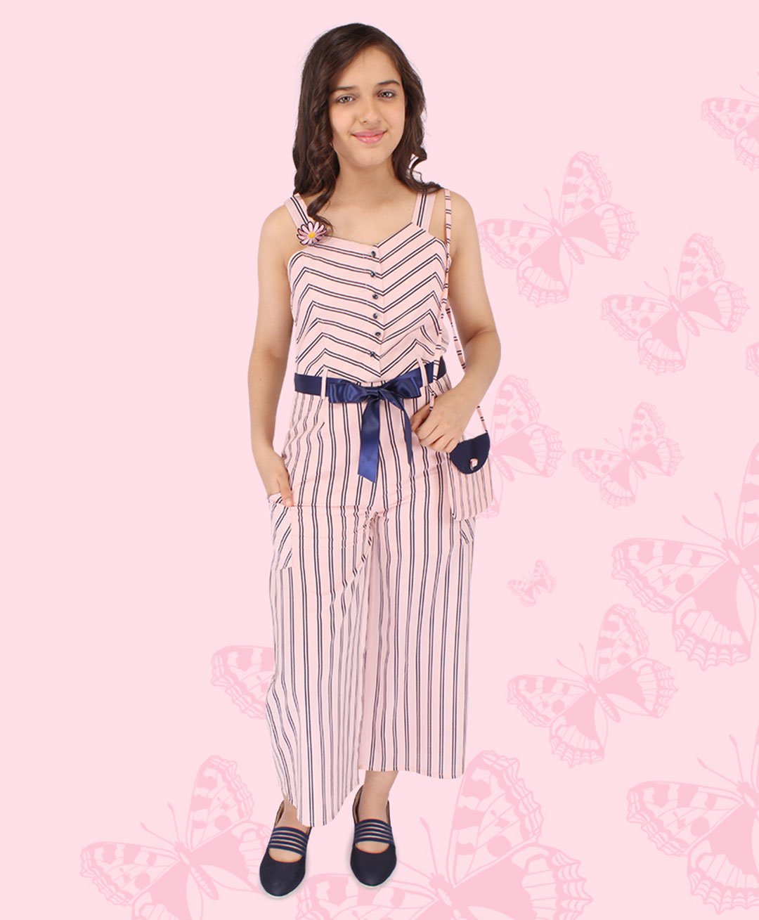 Cutecumber Sleeveless Double Striped Front Tie Up Designed Jumpsuit With Coordinating Sling Bag - Pink-picture-18