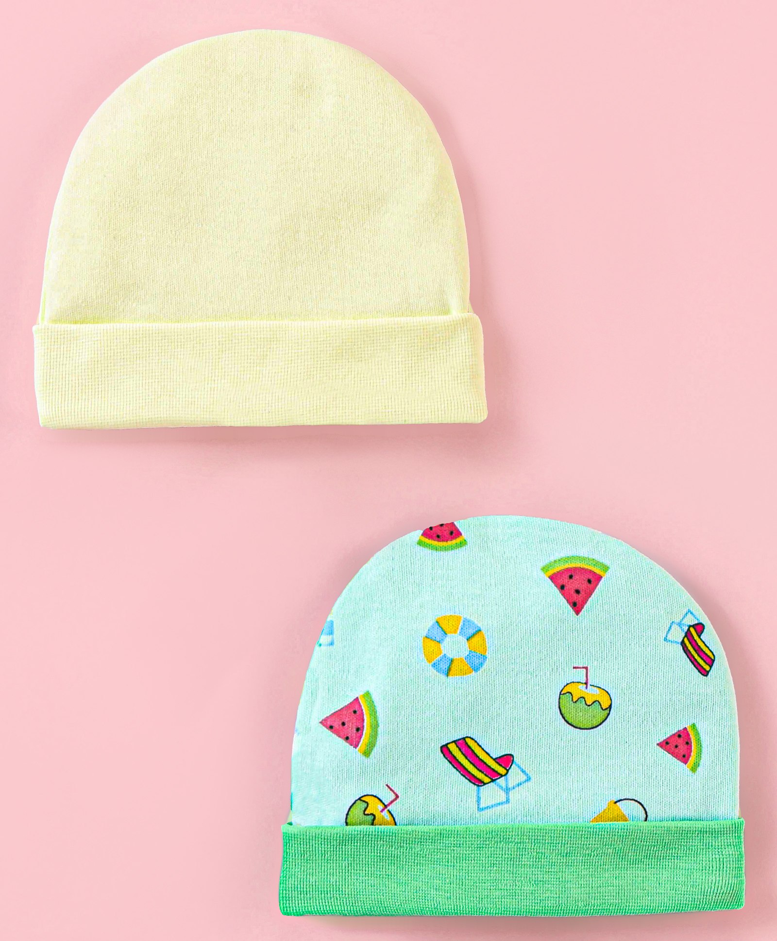 Ben Benny Cotton Knit Solid & Pineapple Printed Cap Pack of 2 Green & Yellow- Diameter 9.5 cm-image-44