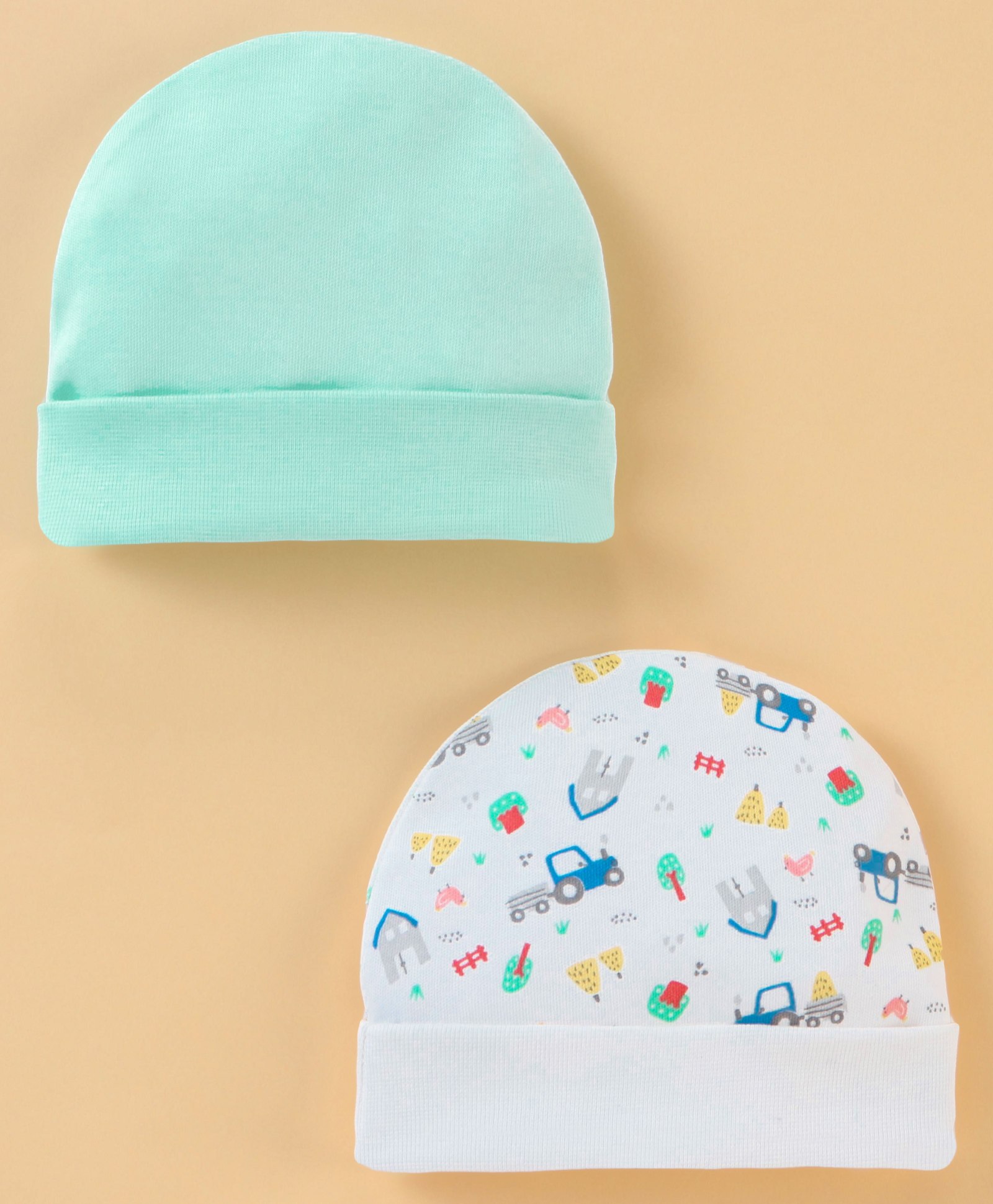 Ben Benny Cotton Knit Solid & Tree Printed Cap Pack of 2 Blue & White - Diameter 9.5 cm-image-37