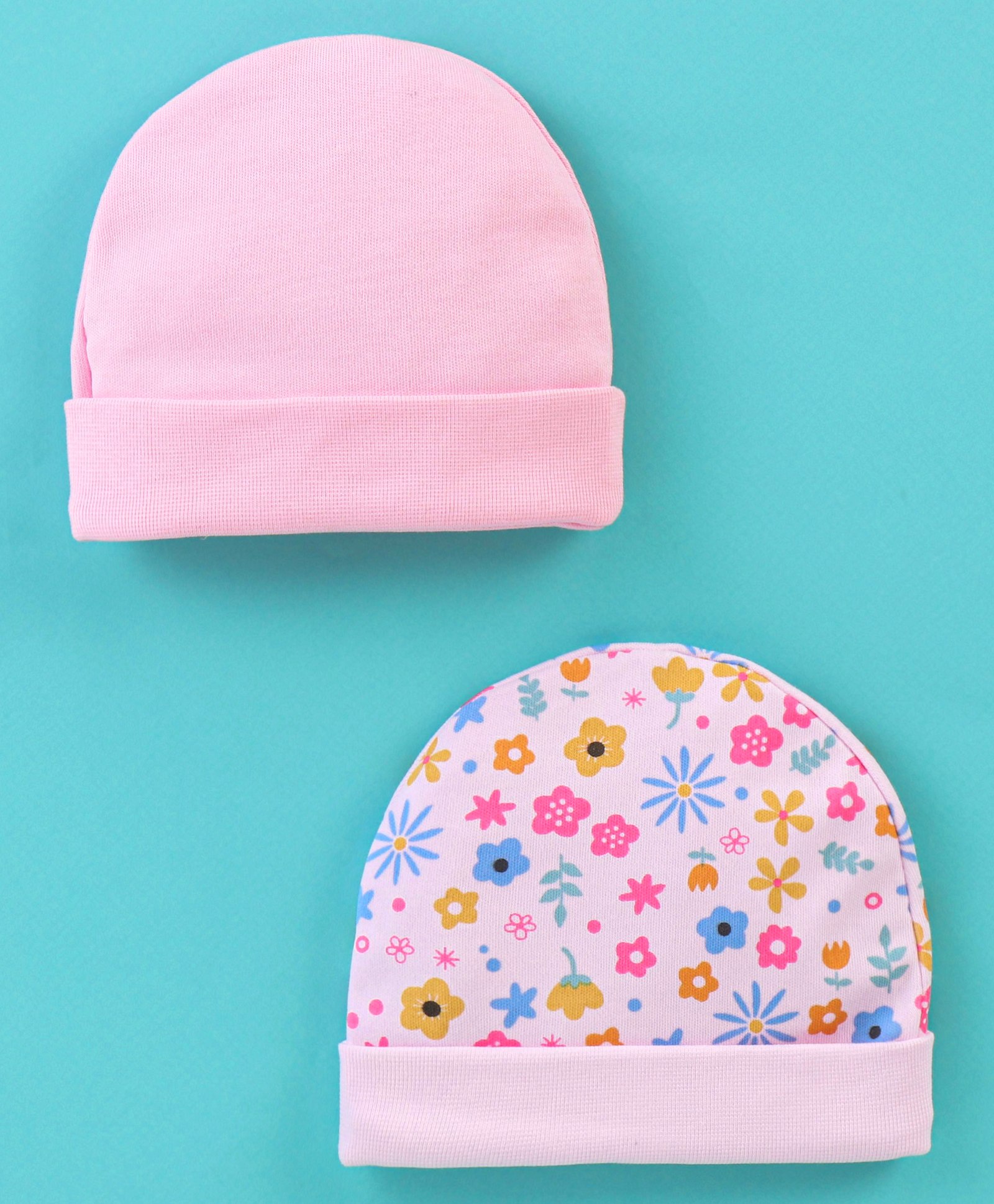 Ben Benny Cotton Knit Floral Printed Round Caps Pack of 2  Pink - Diameter 9 cm-image-37