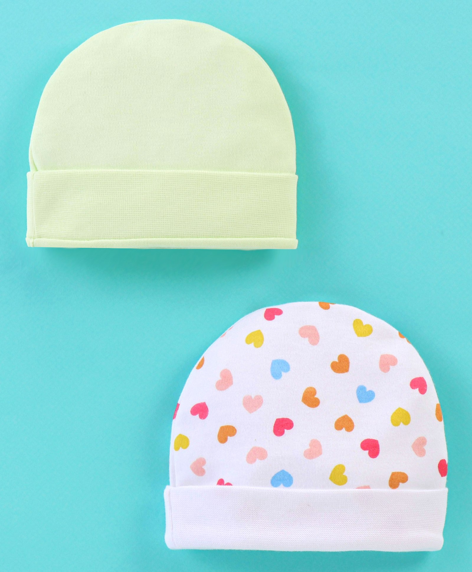 Ben Benny Cotton Knit Heart Printed Round Caps Pack of 2 Green & White - Diameter 9 cm-image-6