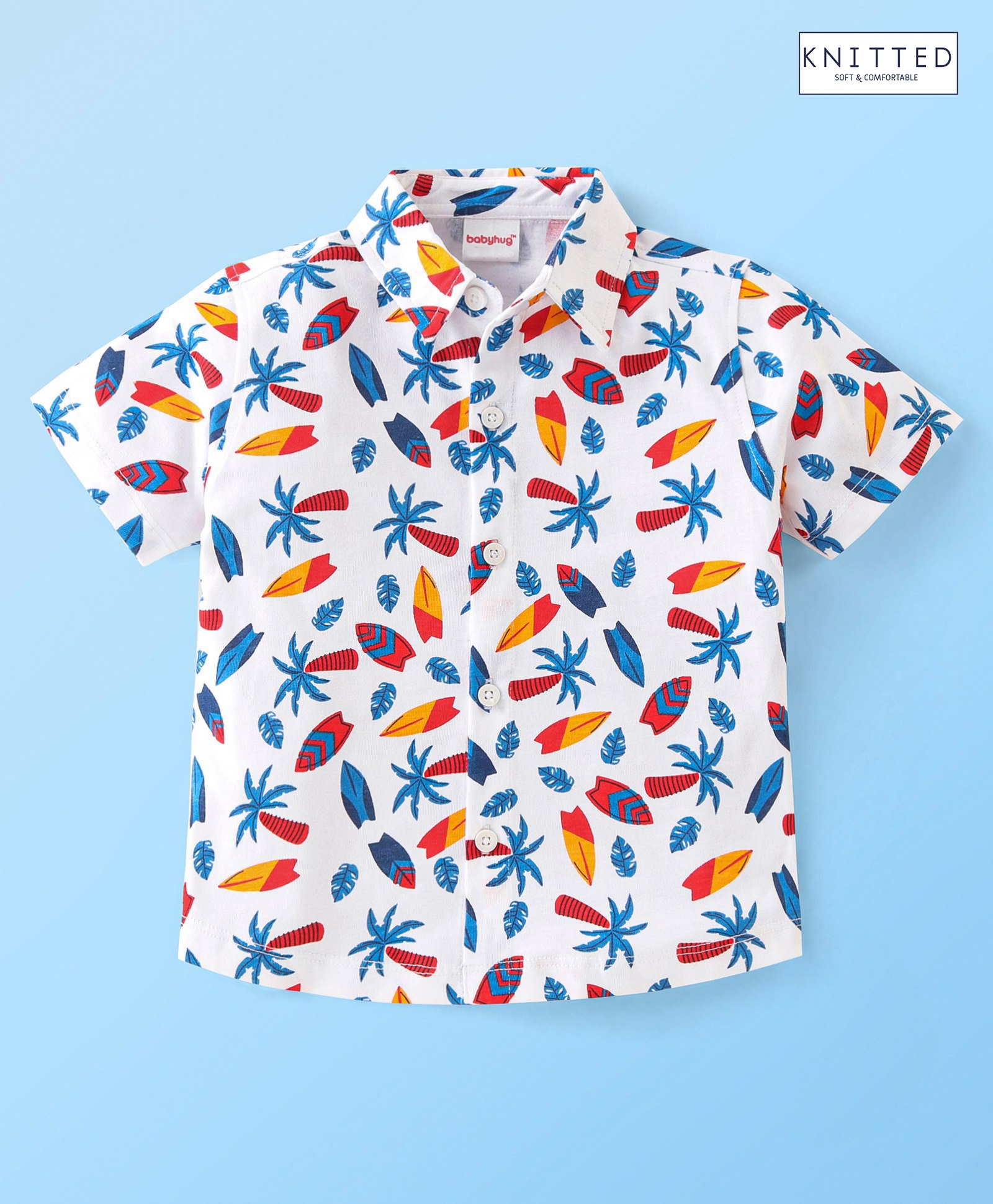 Babyhug 100% Cotton Knit Half Sleeves Regular Shirt with Beach Print - White-image-3