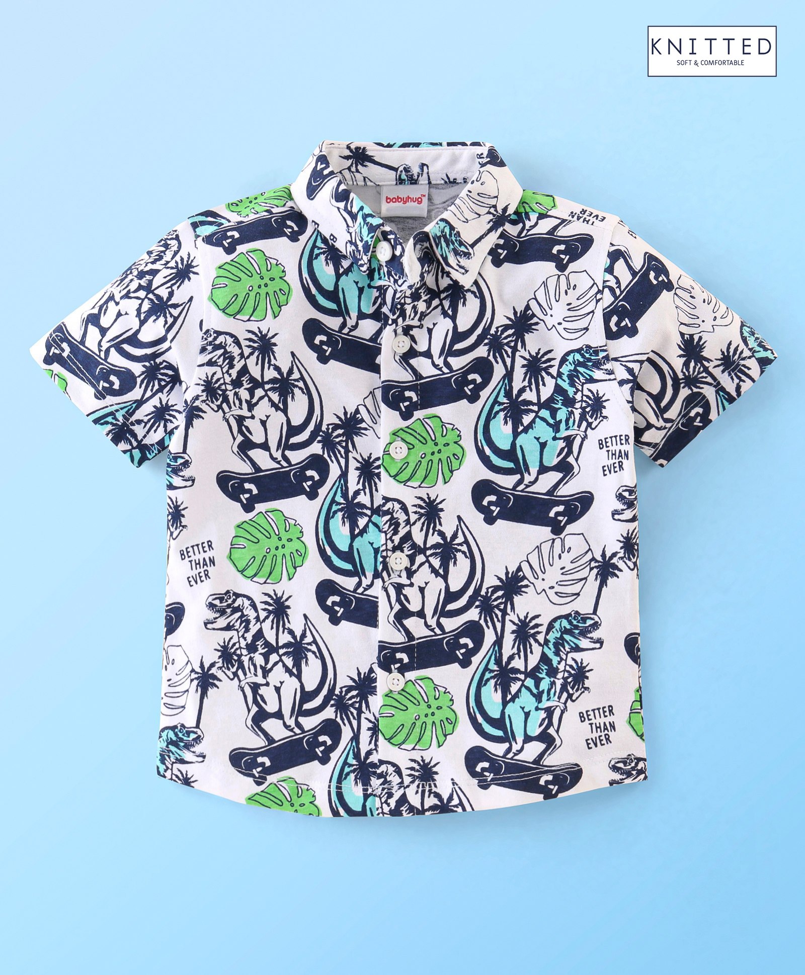 Babyhug 100% Cotton Knit Half Sleeves Regular Shirt with Dino Print - White & Blue-image-7