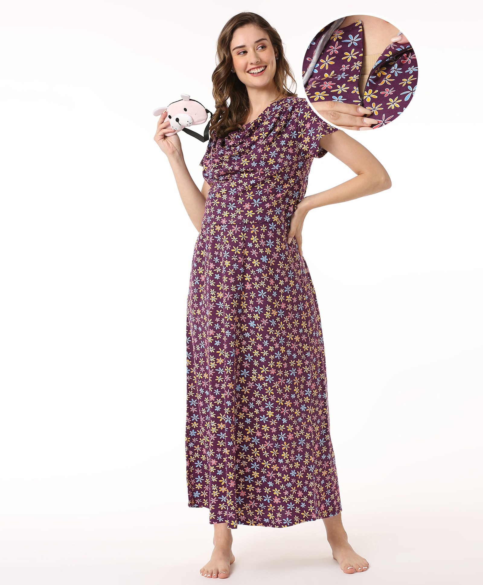 Bella Mama 100% Cotton Knit Half Sleeves Nighty with Concealed Zipper Floral Print - Purple-picture-25