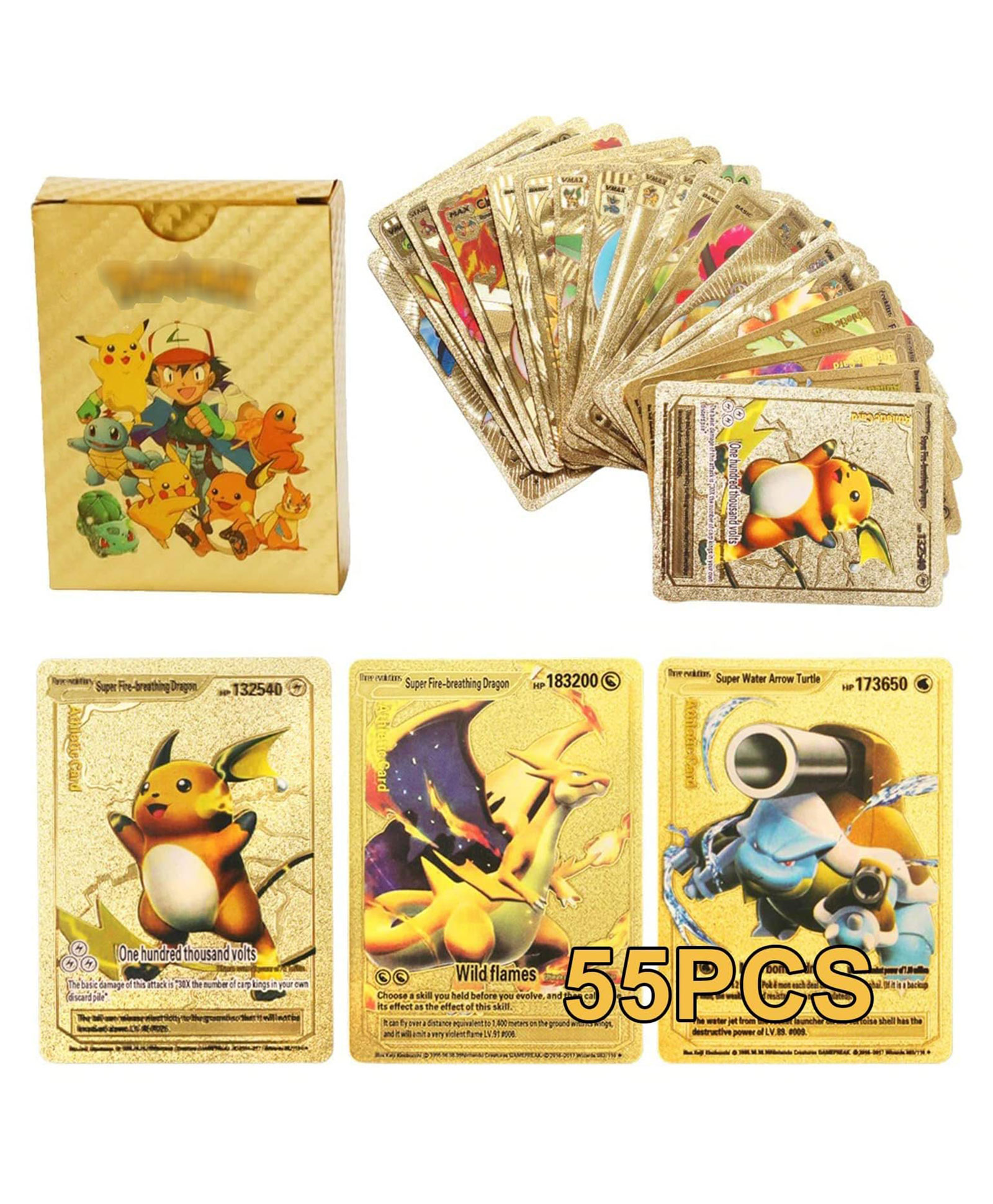QUIRKMALL 55 PCS Gold Foil Card Assorted Cards TCG Deck Box V Series Cards Vmax GX Rare Golden Cards and Common Rare Mystery Card- Golden-picture-1