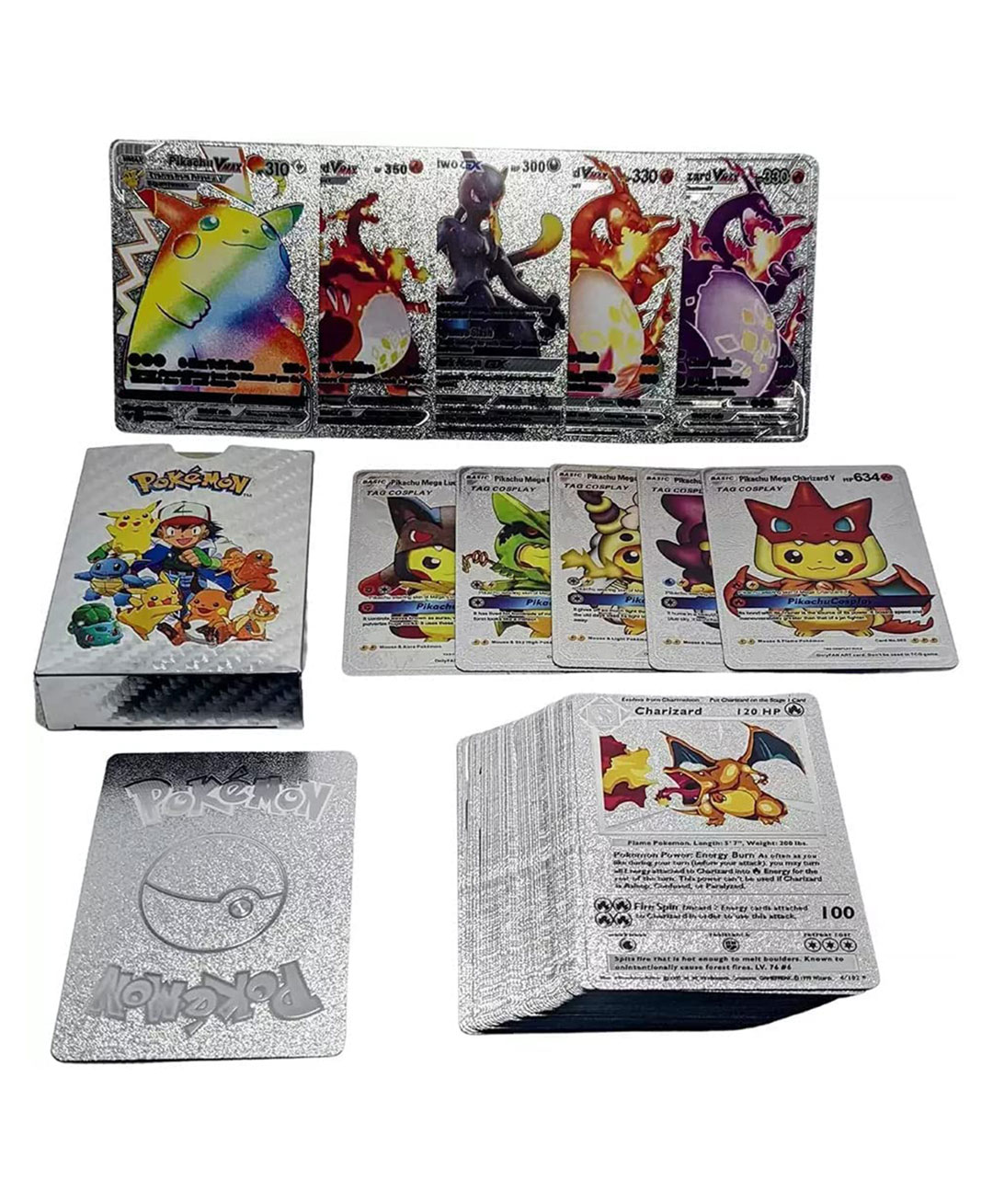 QUIRKMALL 55 PCS Silver Foil Card Assorted Cards TCG Deck Box V Series Cards Vmax GX Rare Silver Cards and Common Rare Mystery Car- Silver-picture-0