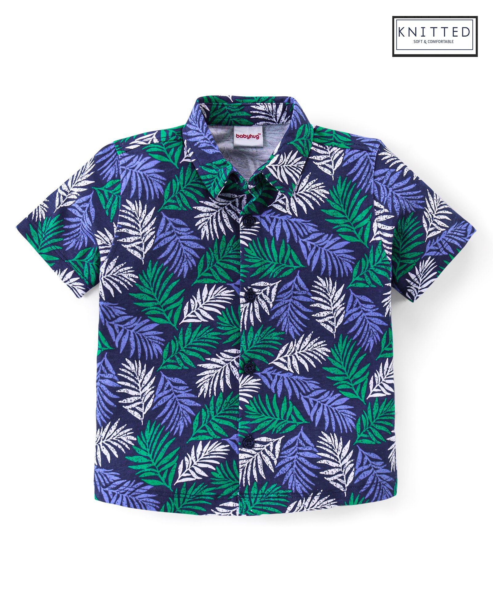Babyhug Half Sleeves 100% Cotton Knitted Leaves Printed Shirt  - Blue-image-41