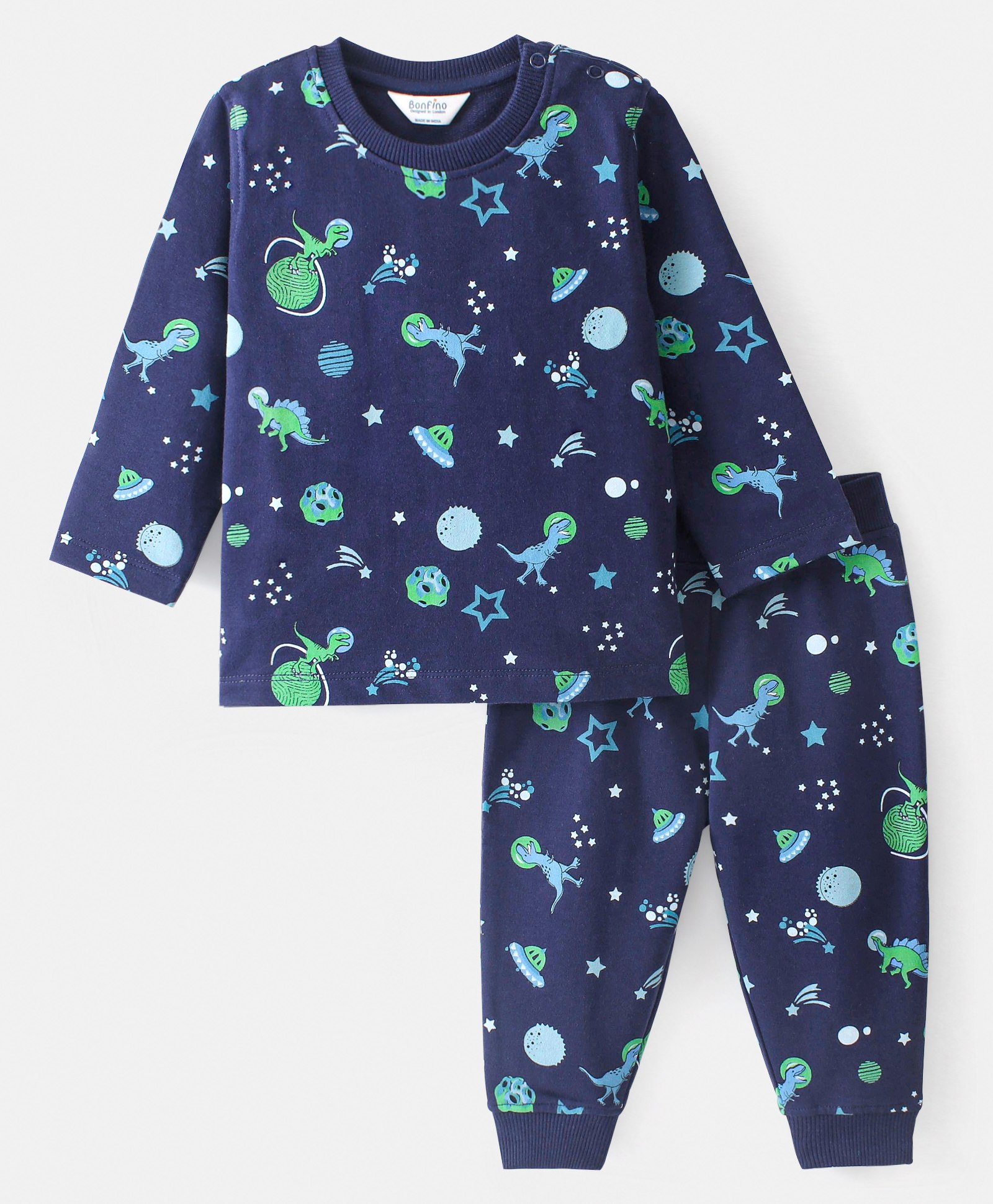 Bonfino 100% Cotton Knit Full Sleeves Sweatshirt and Track Pant Set Puppy Print Space Print - Navy Blue-picture-8