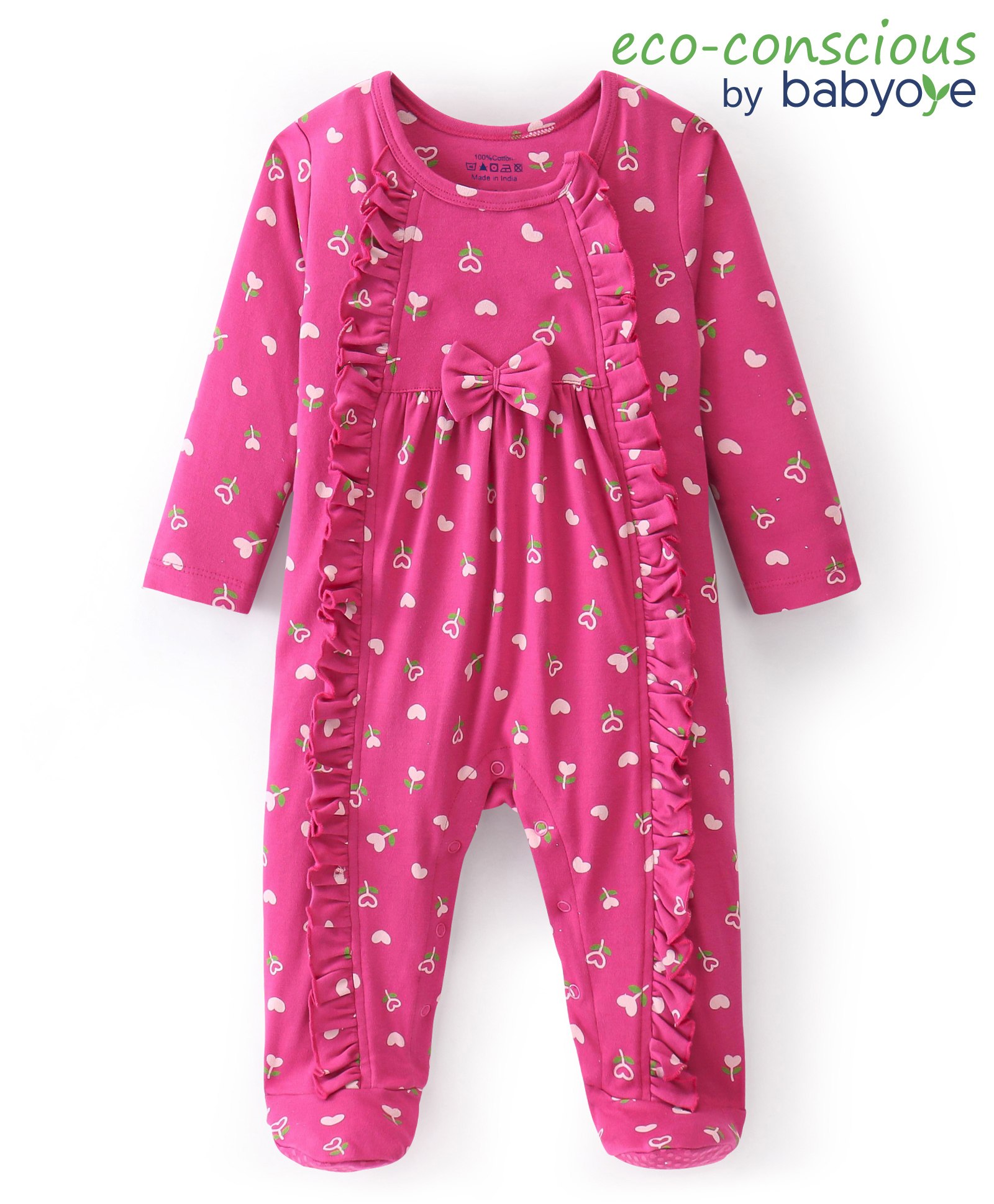 Babyoye Eco Conscious 100% Cotton Knit Full Sleeves Footed Romper Floral Print - Dark Pink-image-9