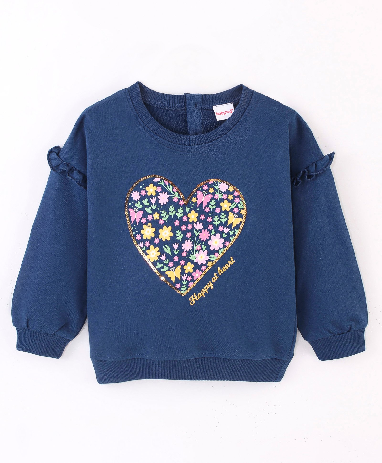 Babyhug Cotton Knit Full Sleeves Sweatshirt with Graphics Sequins & Frill Detailing - Navy Blue-picture-17