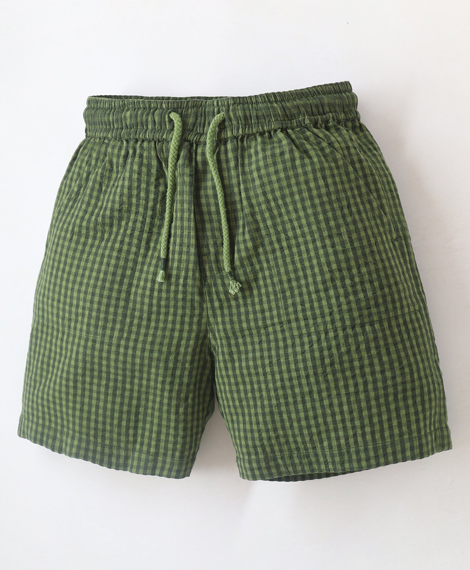 Cherry Crumble By Nitt Hyman Mini Gingham Checked Knee Length Elasticated & Draw Cord Closure With Pockets Shorts - Olive Green-picture-29