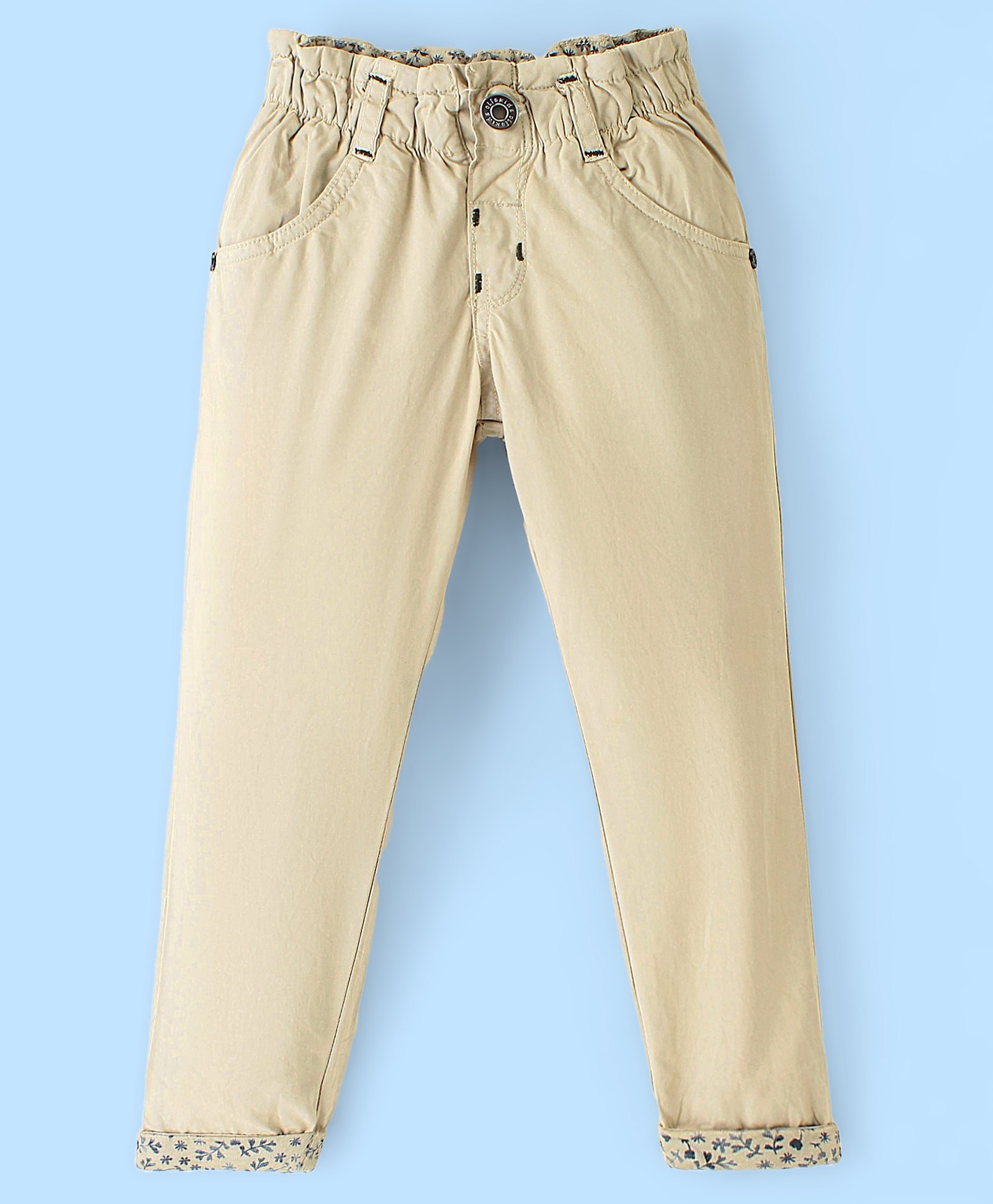 Olio Kids Cotton Woven Full Length Solid Dyed Trousers Floral Print - Beige-picture-22