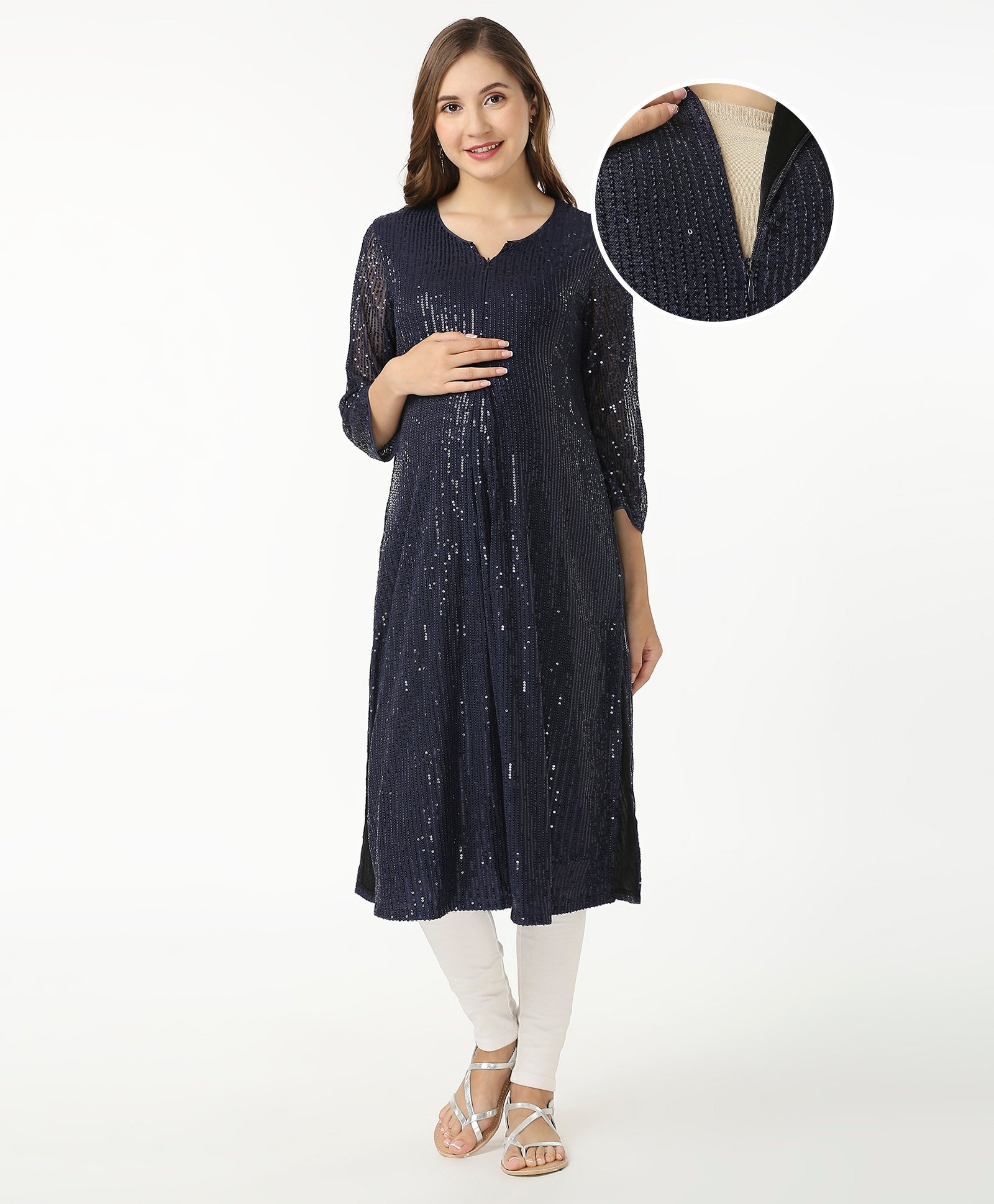 Bella Mama Woven Three Fourth Sleeves Over Sequin Maternity Kurta - Navy Blue-image-22