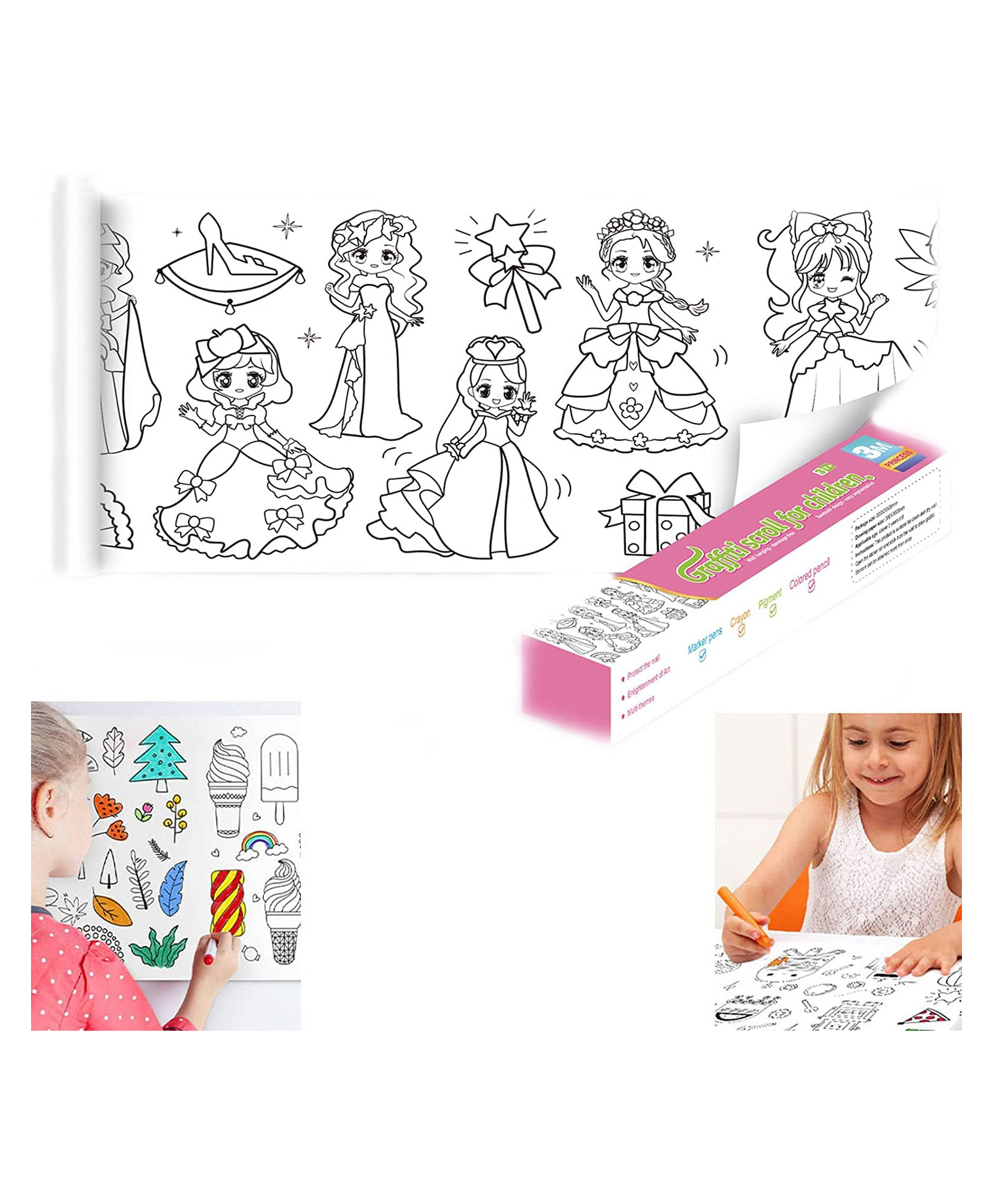 KolorFish Coloring Re-Stick Drawing Paper Roll for Kids, 118 x 12 Inch Large Coloring Poster for Toddlers, Art Paper Crafts Coloring Tablecloth Ideal Gift for Class Home Birthday Party (Princess)-picture-13