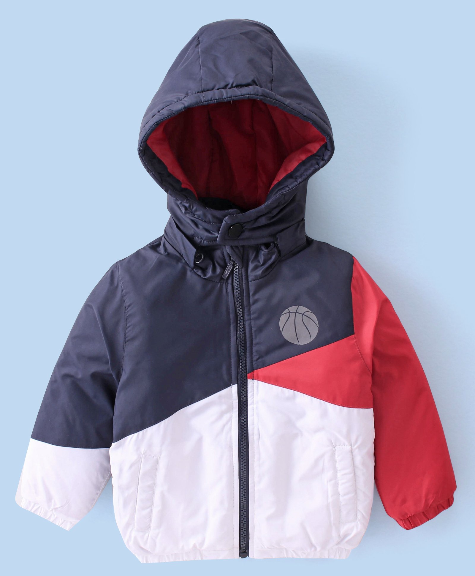 Babyhug Woven Full Sleeves Jacket With Detachable Hood - White Red & Blue-picture-20