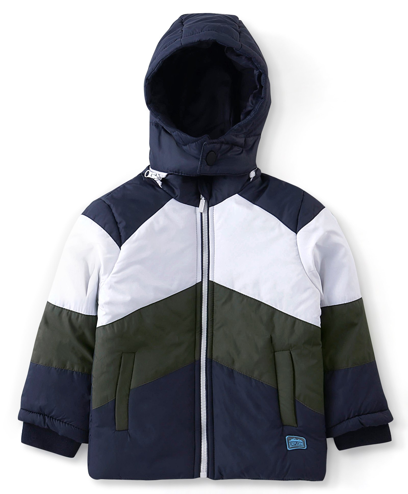 Babyhug Full Sleeves Jacket With Detachable Hood & Colour Block Pattern - Blue White & Green-image-34