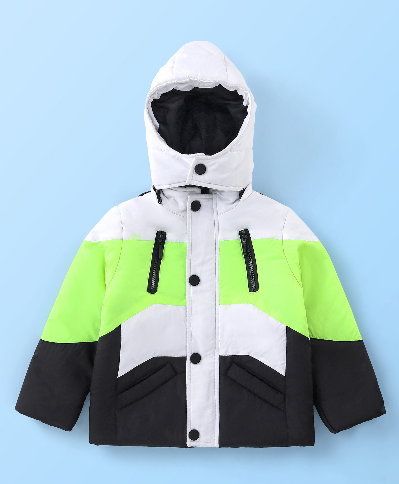 Babyhug Full Sleeves Jacket with Detachable Hood & Colour Block Pattern - Blue White & Green-image-2
