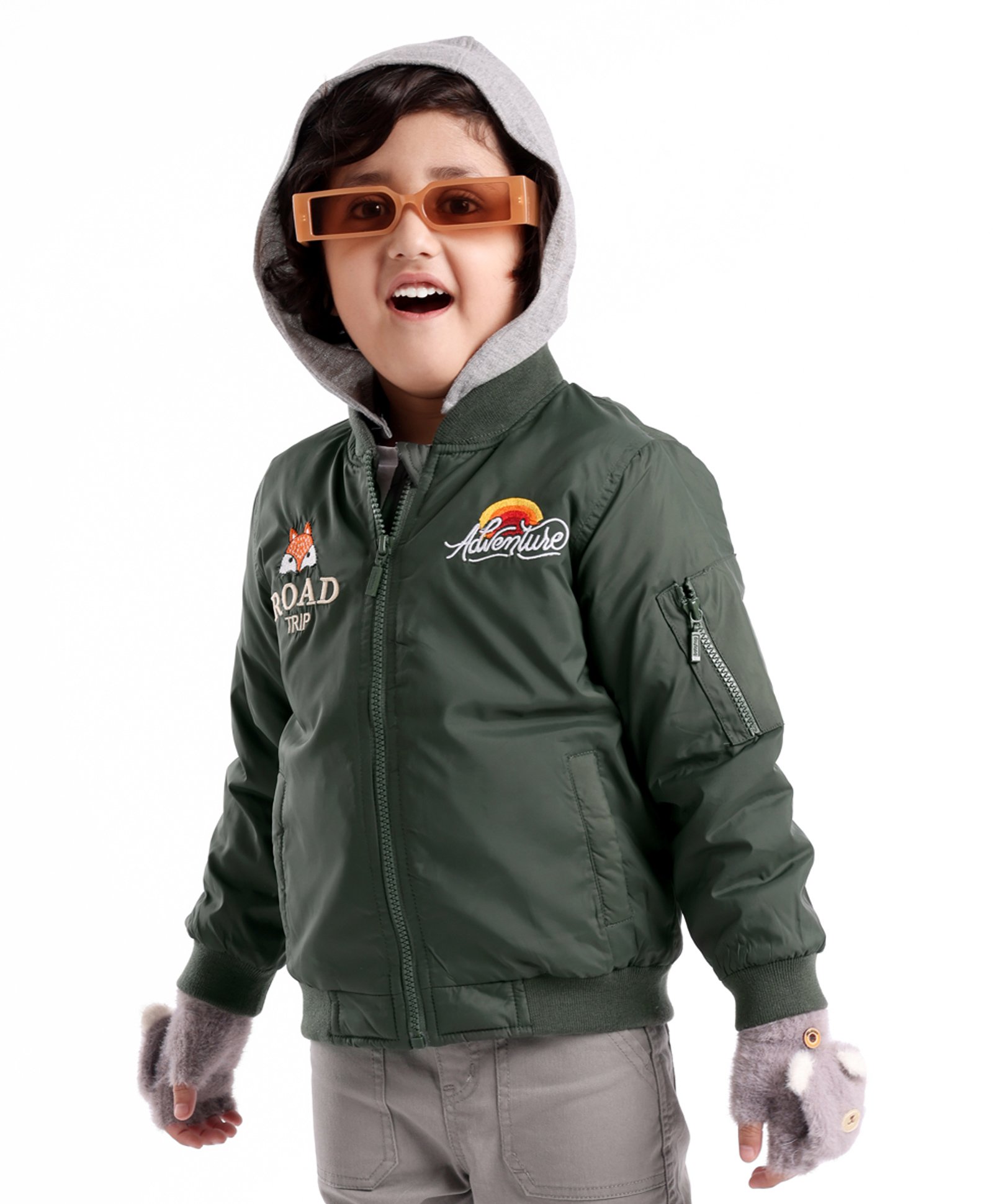 Babyhug Full Sleeves Woven Jacket with Detachable Hood - Olive-image-15