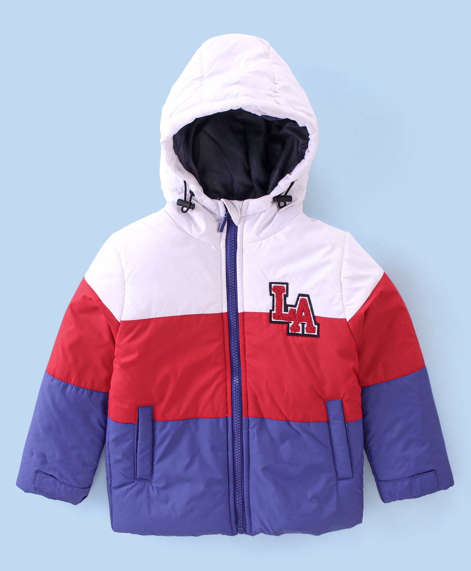 Babyhug Full Sleeves Padded & Hooded Jacket Color Block With Text Embroidery- Blue Red & White-image-40