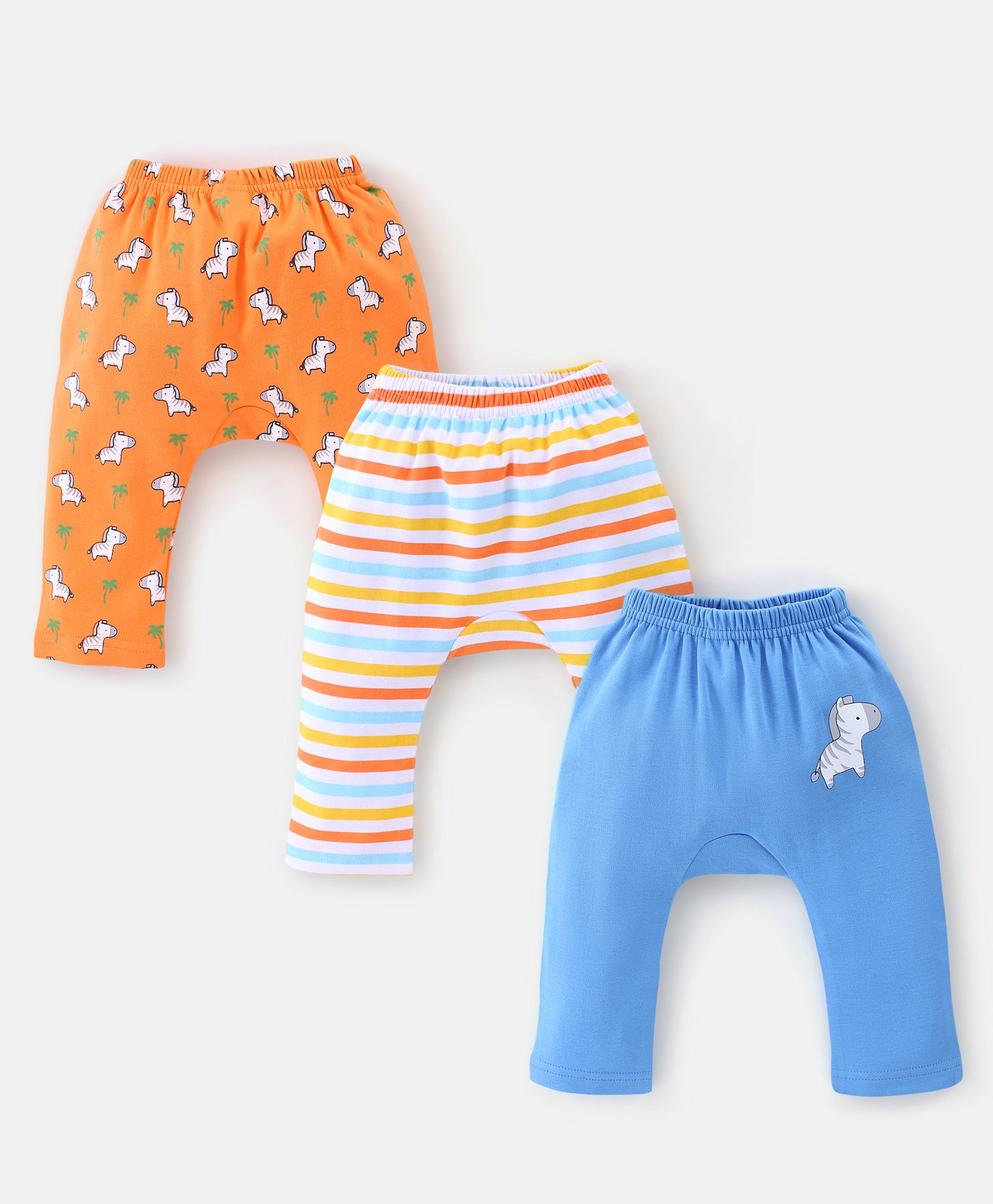 Babyhug Cotton Knit Full Length Diaper Pants With Zebra Print Pack Of 3 - White Orange & Blue-picture-10