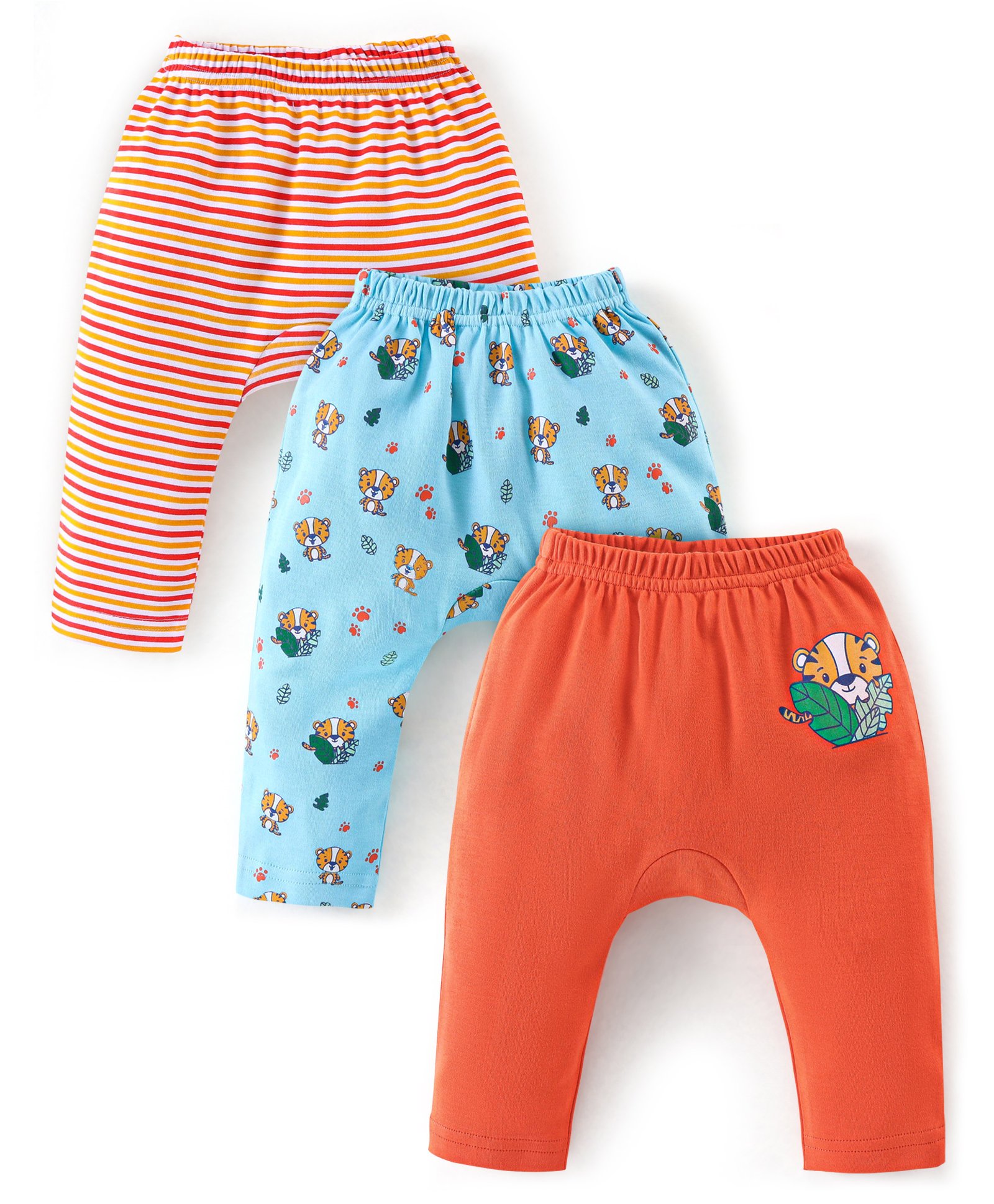 Babyhug Cotton Diaper Pants Striped & Tiger Print Pack of 3 - Blue & Orange-image-43