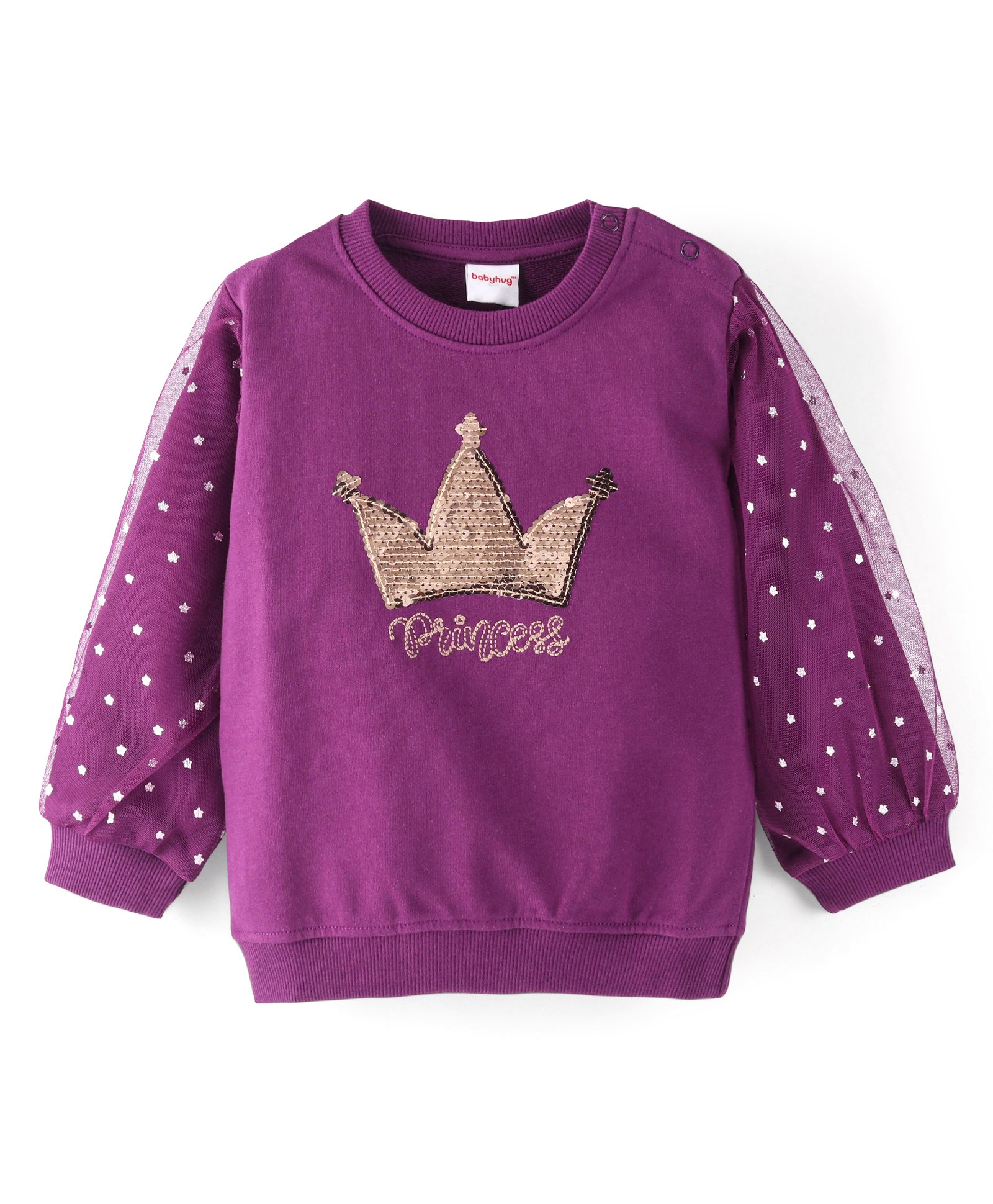Babyhug Cotton Balloon Sleeves Sweatshirt with Sequins and Foil Printed Mesh Detailing  - Purple-image-49