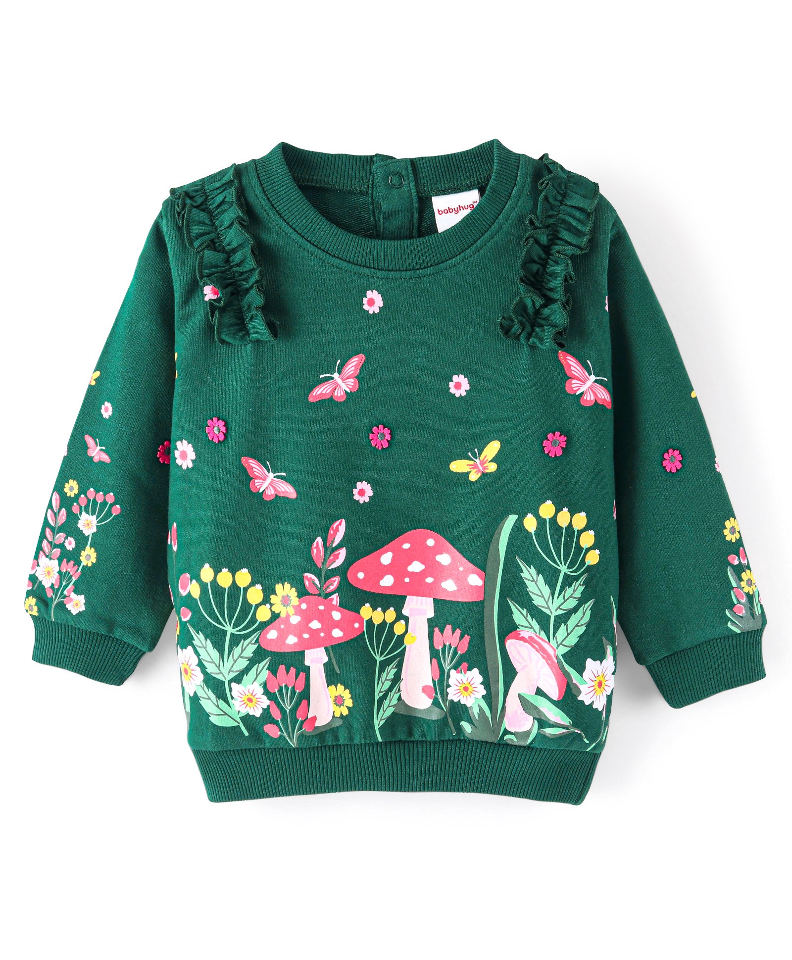 Babyhug Cotton Balloon Sleeves Sweatshirt With Butterfly Graphics Print & Ruffle Detailing - Green-image-47