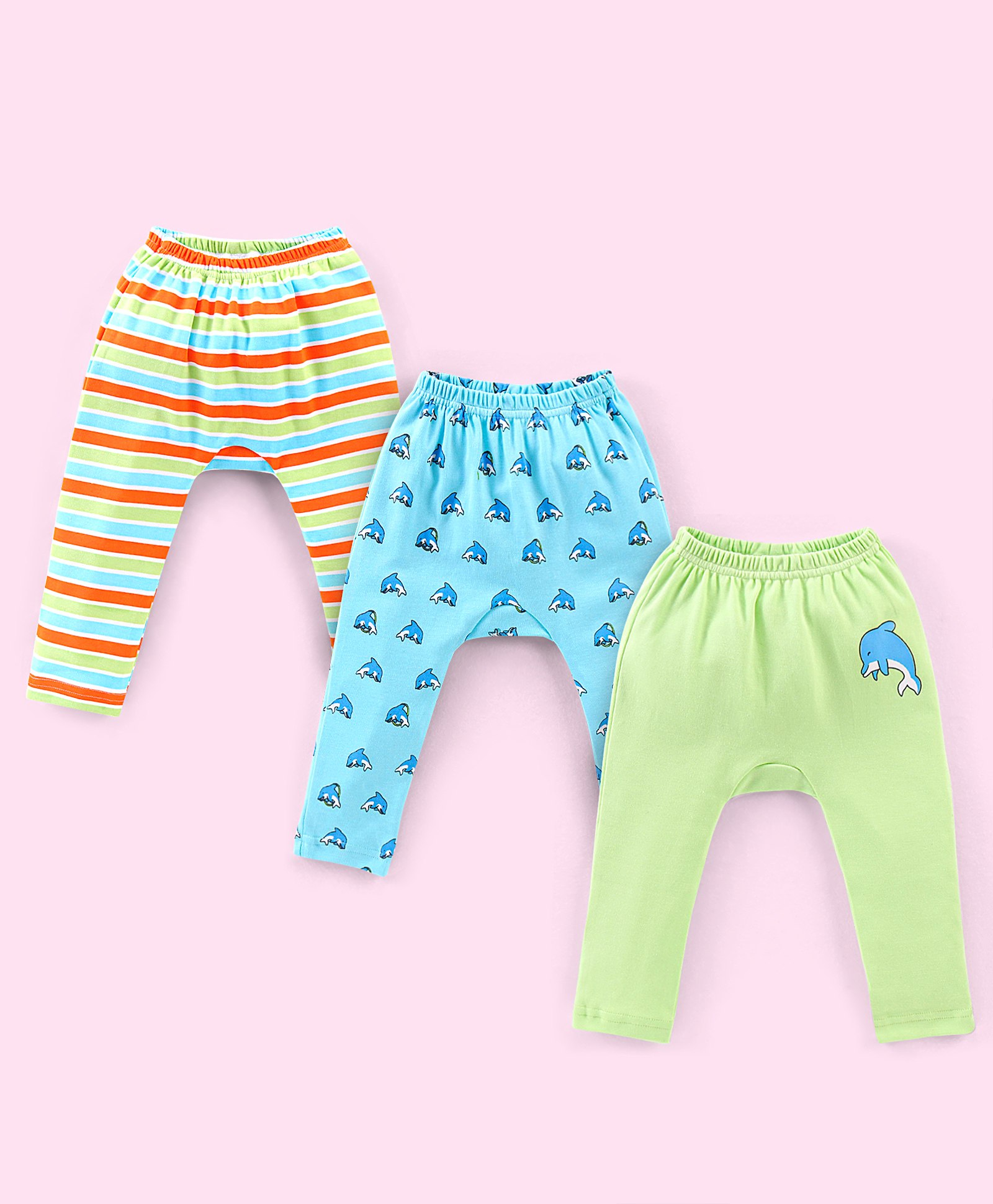 Babyhug Cotton Full Length Diaper Pants Stripes & Dolphin Print Pack of 3- Blue Green & Orange-image-34